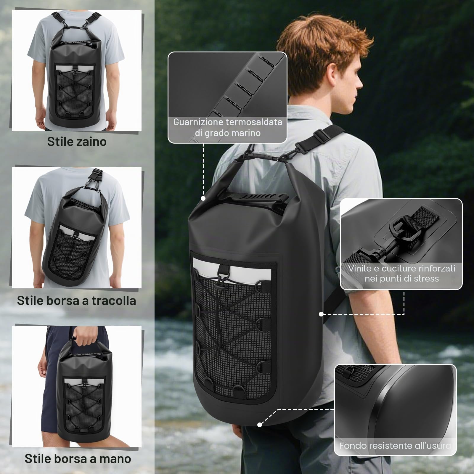 Zaino impermeabile da 30 litri, galleggiante, per kayak, con striscia riflettente superiore, per viaggi, spiaggia, escursionismo e campeggio, uomo/donna