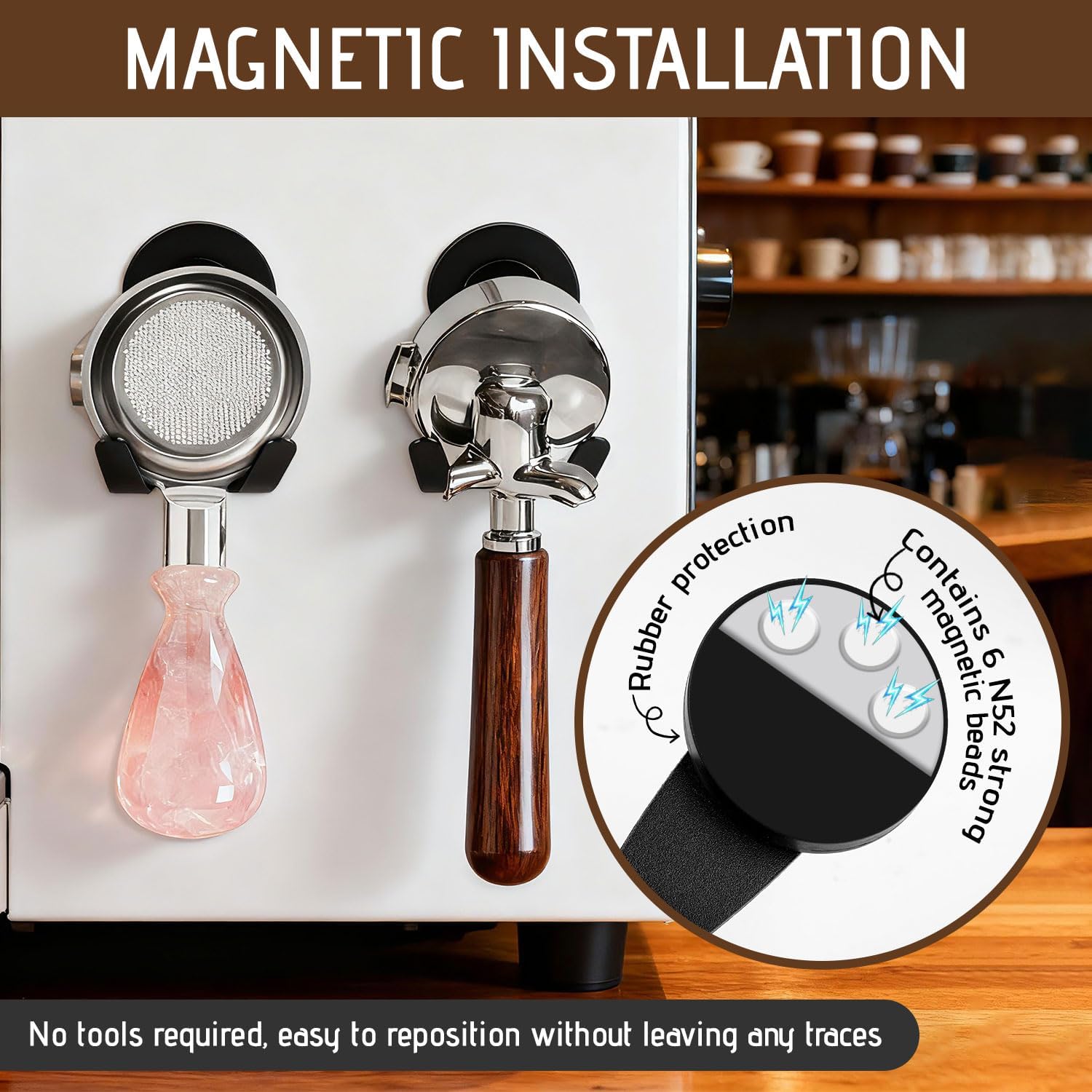 2Pack Magnetic Coffee Tamper Portafilter Holder, Wall Mount Coffee Portafilter Holder for 51 53 58mm Portafilters, Black Stainless Steel Espresso Organizer Compatible with Breville, Rancilio etc