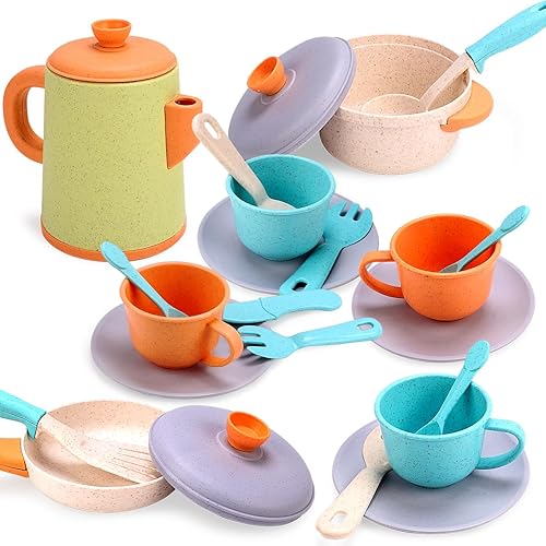Qizebaby Juego de accesorios de cocina, juegos de cocina para niños, juguetes con ollas y sartenes, utensilios de cocina, juegos de té de la tarde,