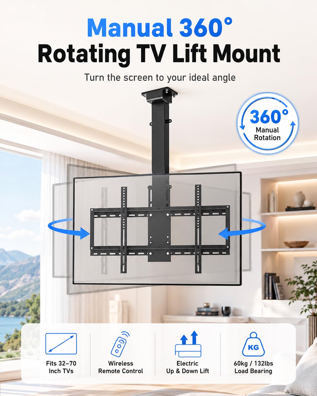 Soporte TV Motorizado de Techo 32-70", 3 Giro Manual de 360° | Elevación eléctrica, 3 Secciones Telescópicas, mando a distancia, 4 memorias, carga de 60 kg y VESA 75x75-600x400 mm