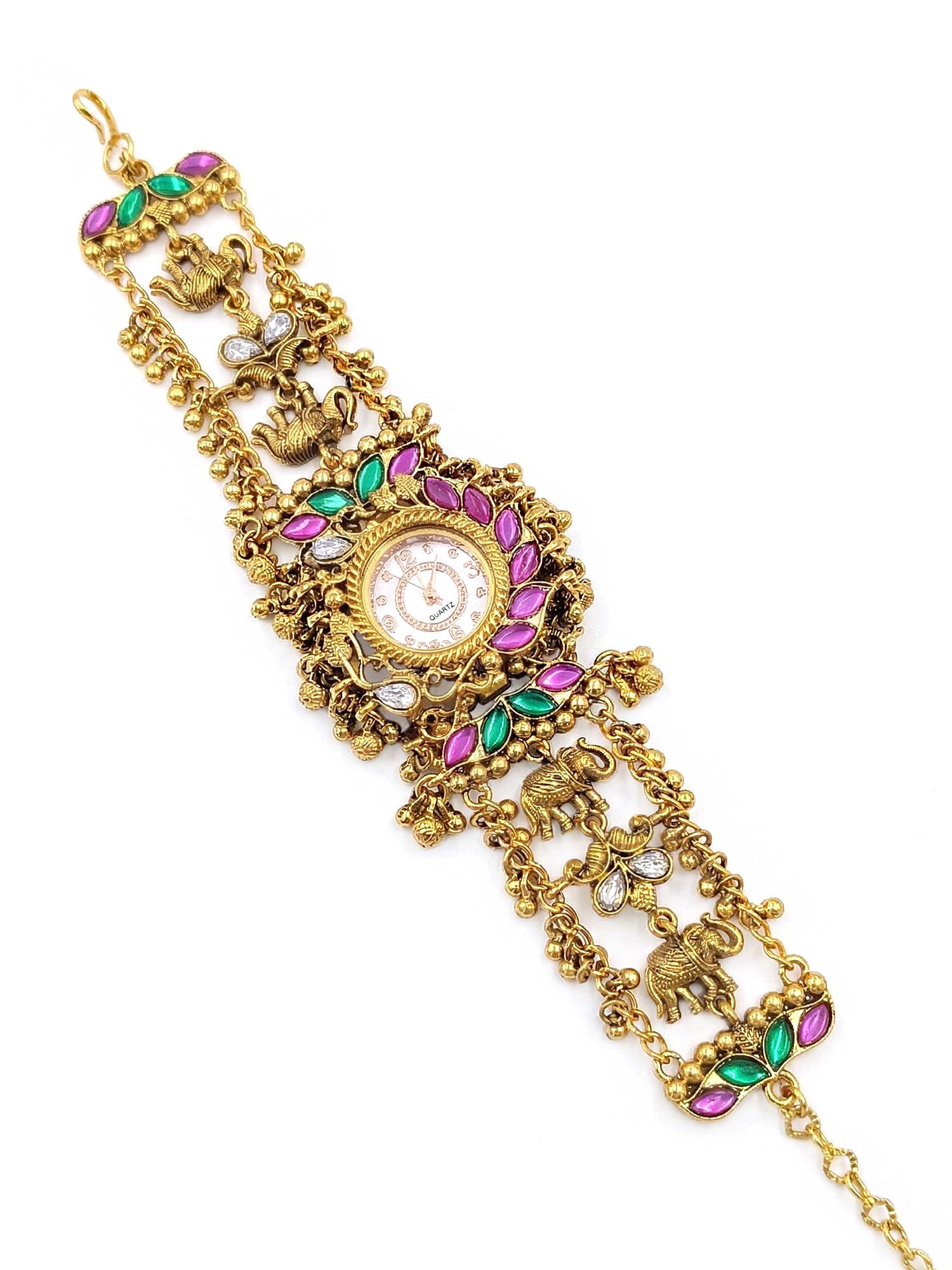 karatcart Premium Elephant Motif Design Pink & Green Kundan Gold-Plated Watch Bracelet for Women-picture-40