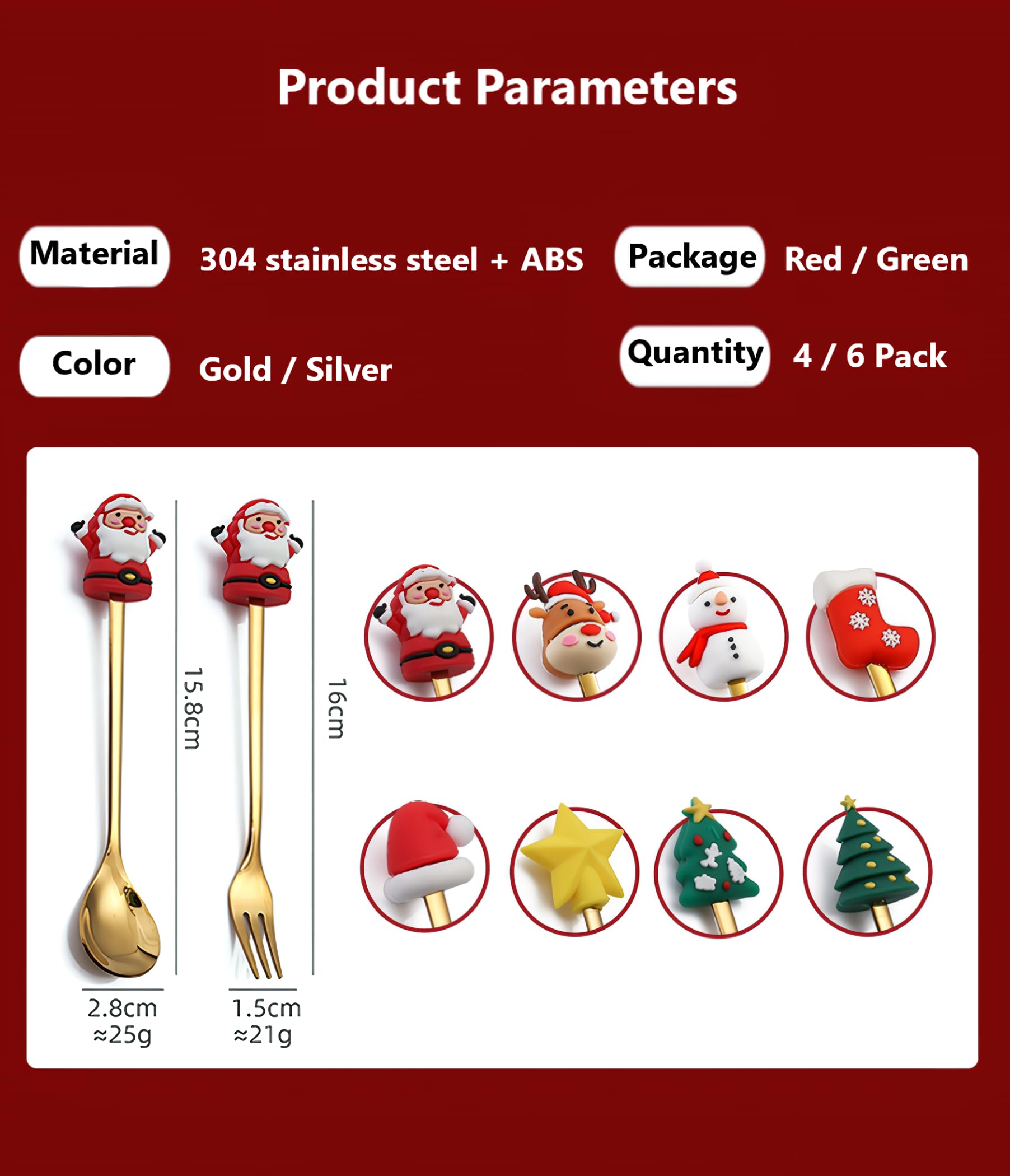 Beleda 6 Pcs Christmas Decoration Spoon Forks Christmas Tree Tea Spoon for Home, Xmas Coffee Spoon Dinner Forks Dessert Spoon Stirring Spoon Ice Cream Spoon Creative Tableware Gift (Green Package, C)