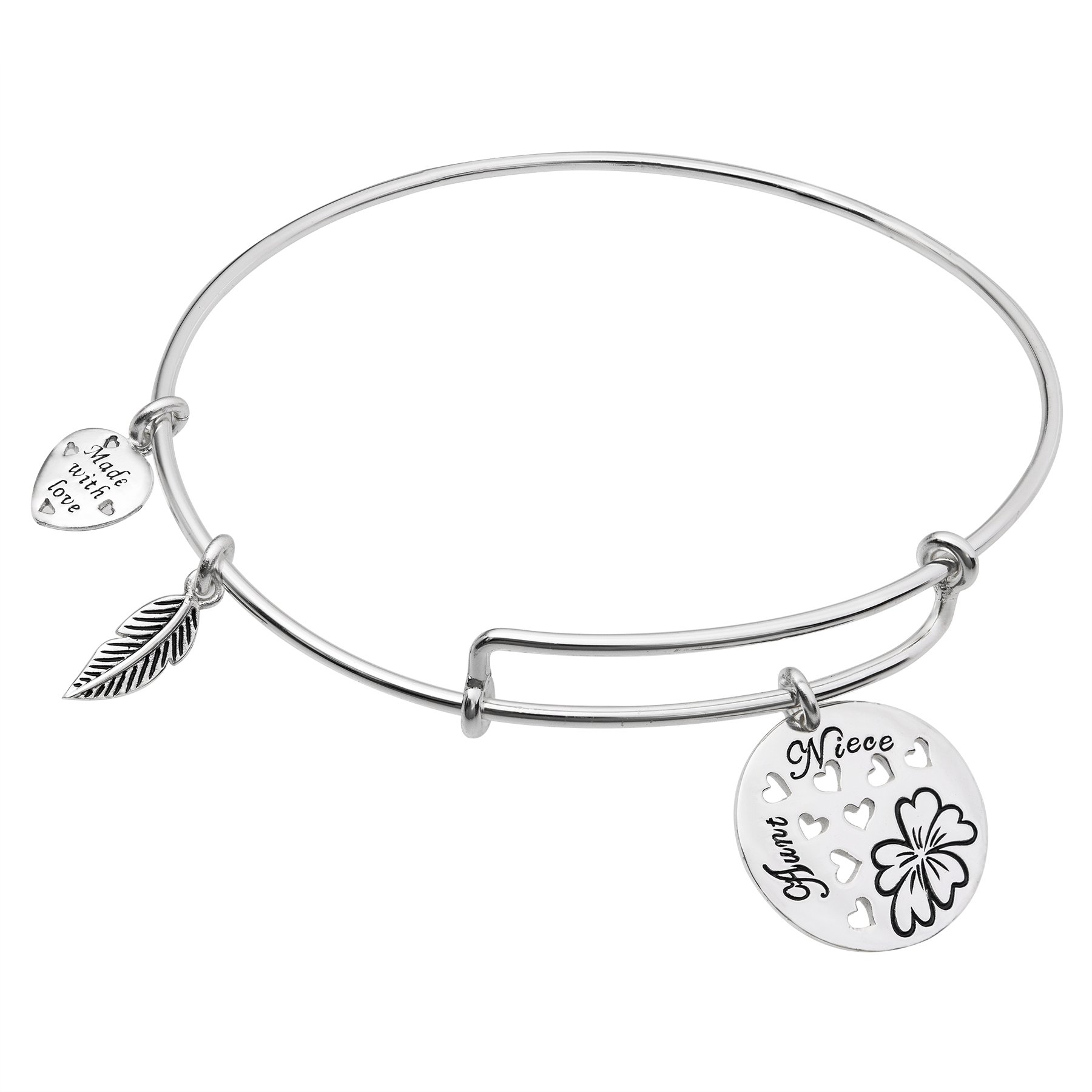 Pulsera de plata de ley con cuentas colgantes de diseño de corazones y texto en inglés “Aunt” y “Niece”, extensible