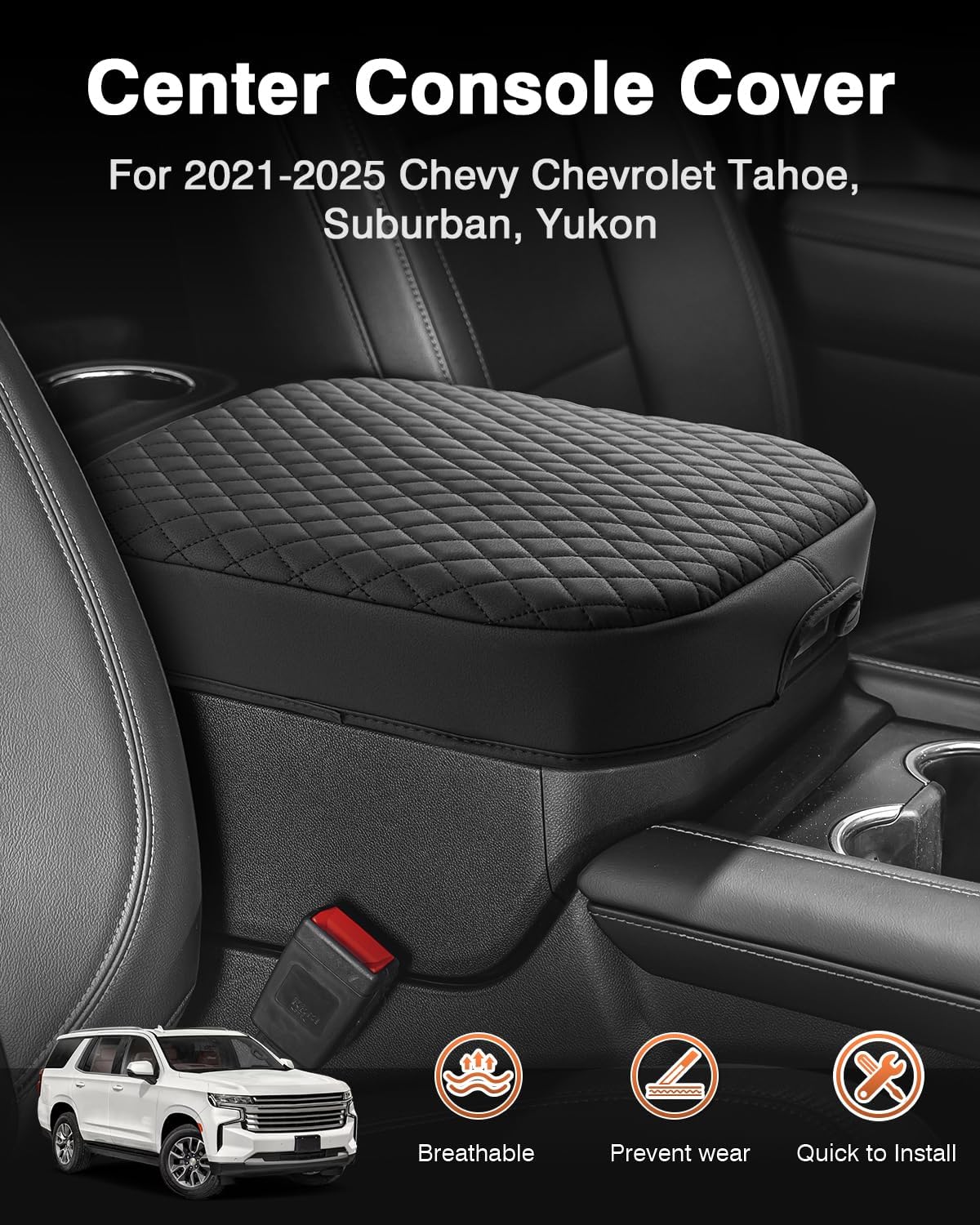 Shademax Center Console Cover for Chevy Chevrolet Tahoe, Suburban, Yukon 2021-2025 2026 Accessories Armrest Cover Cushion Pad Middle Console Cover Car Armrest Seat Box Protector Leather Anti-Scratch for 2021-2026 Tahoe/Suburban/Yukon Bucket Seat