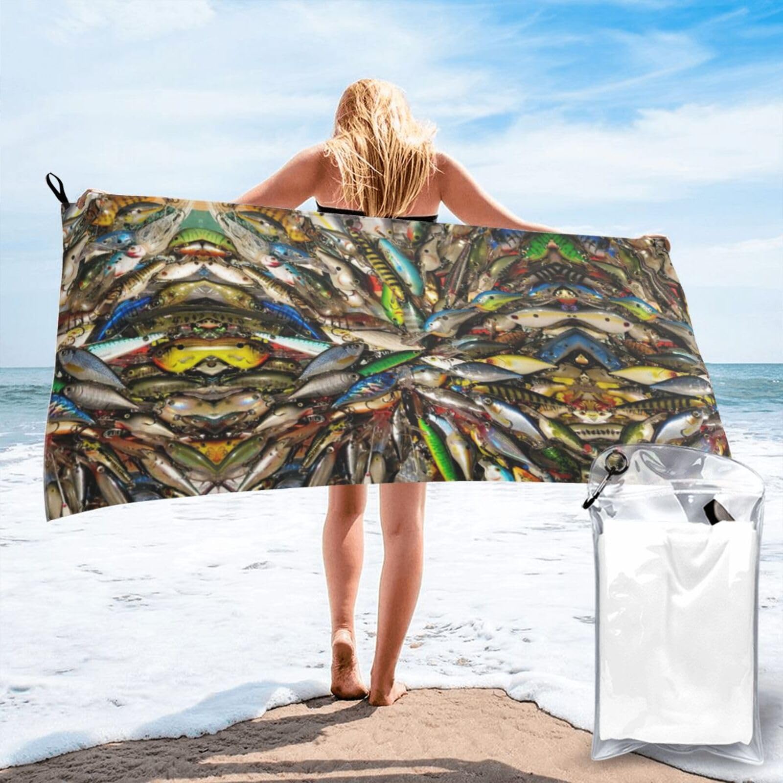SDEGTHO Fishing Bait Print Beach Towel Quick Dry Portable For Swimming Yoga Adults Fitness
