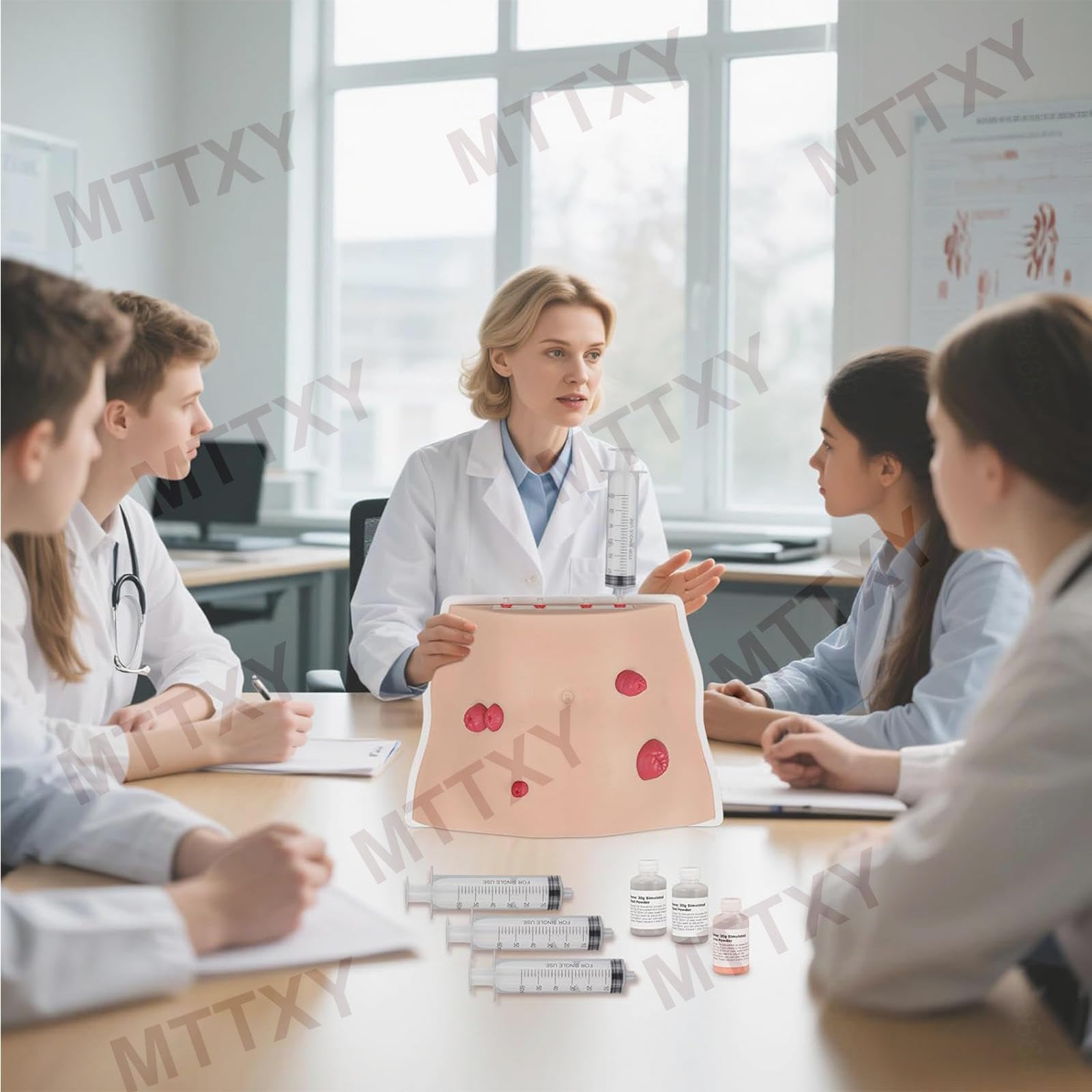 Realistyczny model symulacyjny pielęgnacji stomii – model brzucha z 4 typami stomii oraz przetoką, przeznaczony dla studentów pielęgniarstwa i szkoleń z zakresu opieki nad pacjentem.