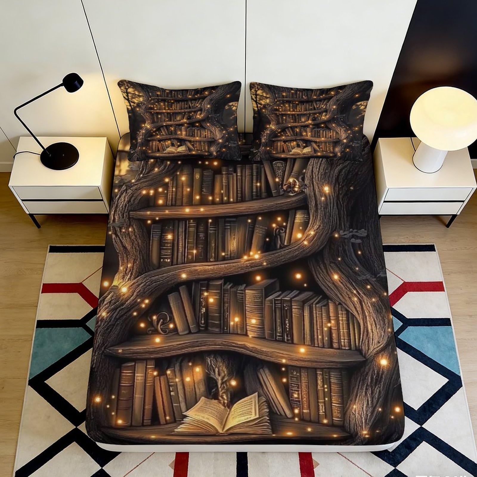 3D Printed Bookshelf Lights Fitted Sheet Microfiber Soft Breathable Library Bed Cover for Bedroom Guest Room Decor 90x200x25cm