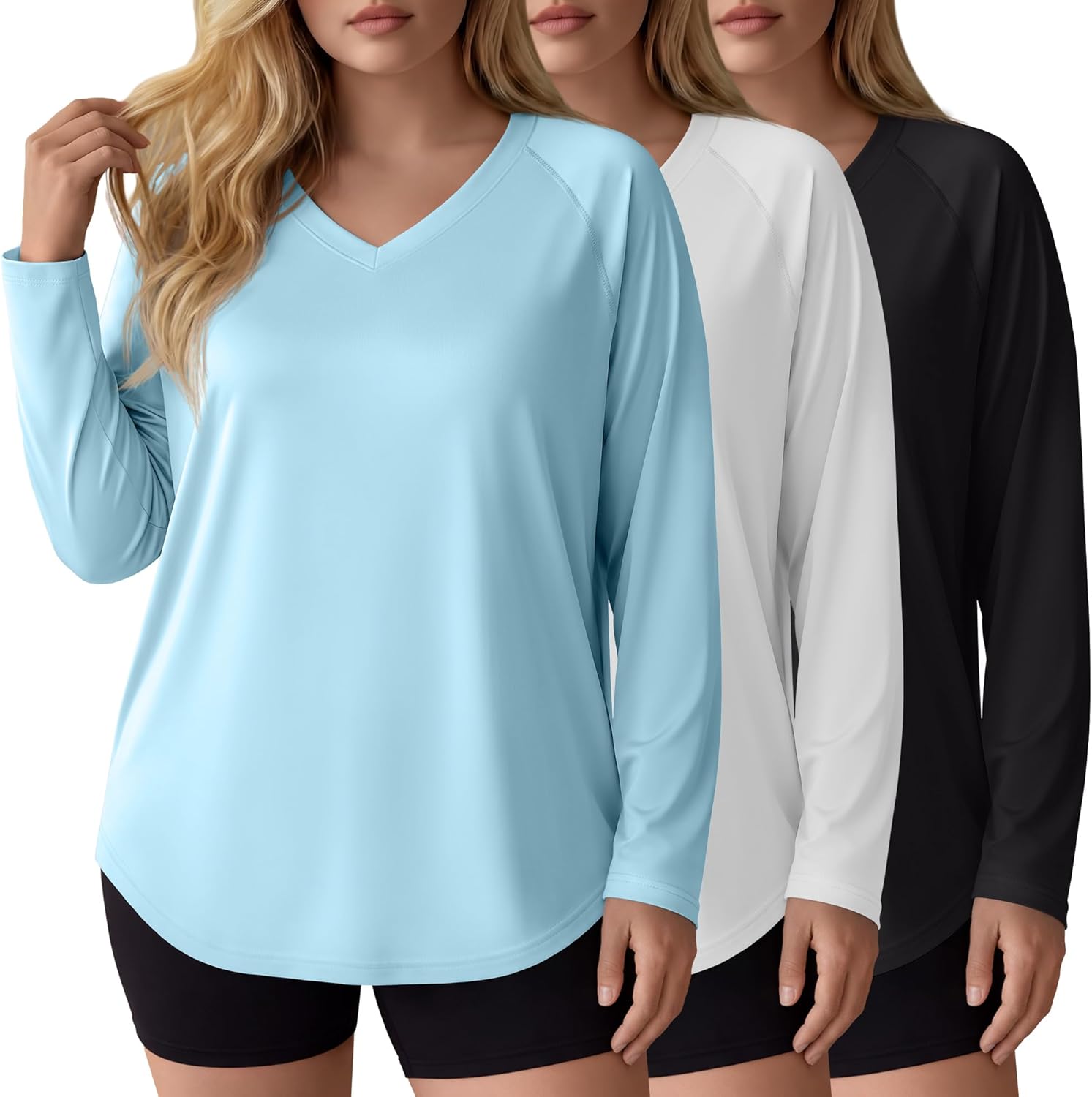 Evervibe 3 Pack Women's Plus Size Long Sleeve Rash Guards, UV Sun Protection Shirts Quick Dry V Neck Swim Tops Fishing Tee