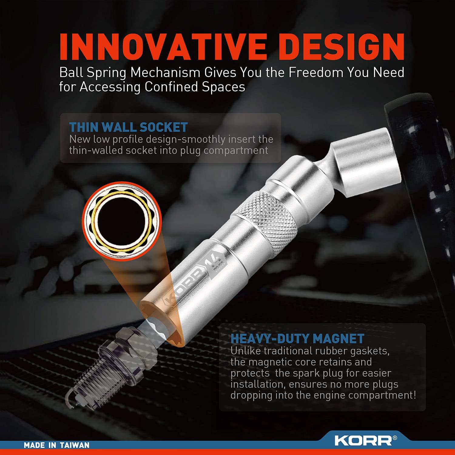 KORR Tools KSI004 14mm Thin Wall Magnetic 3/8-Inch Drive 12-Point Swivel Spark Plug Socket