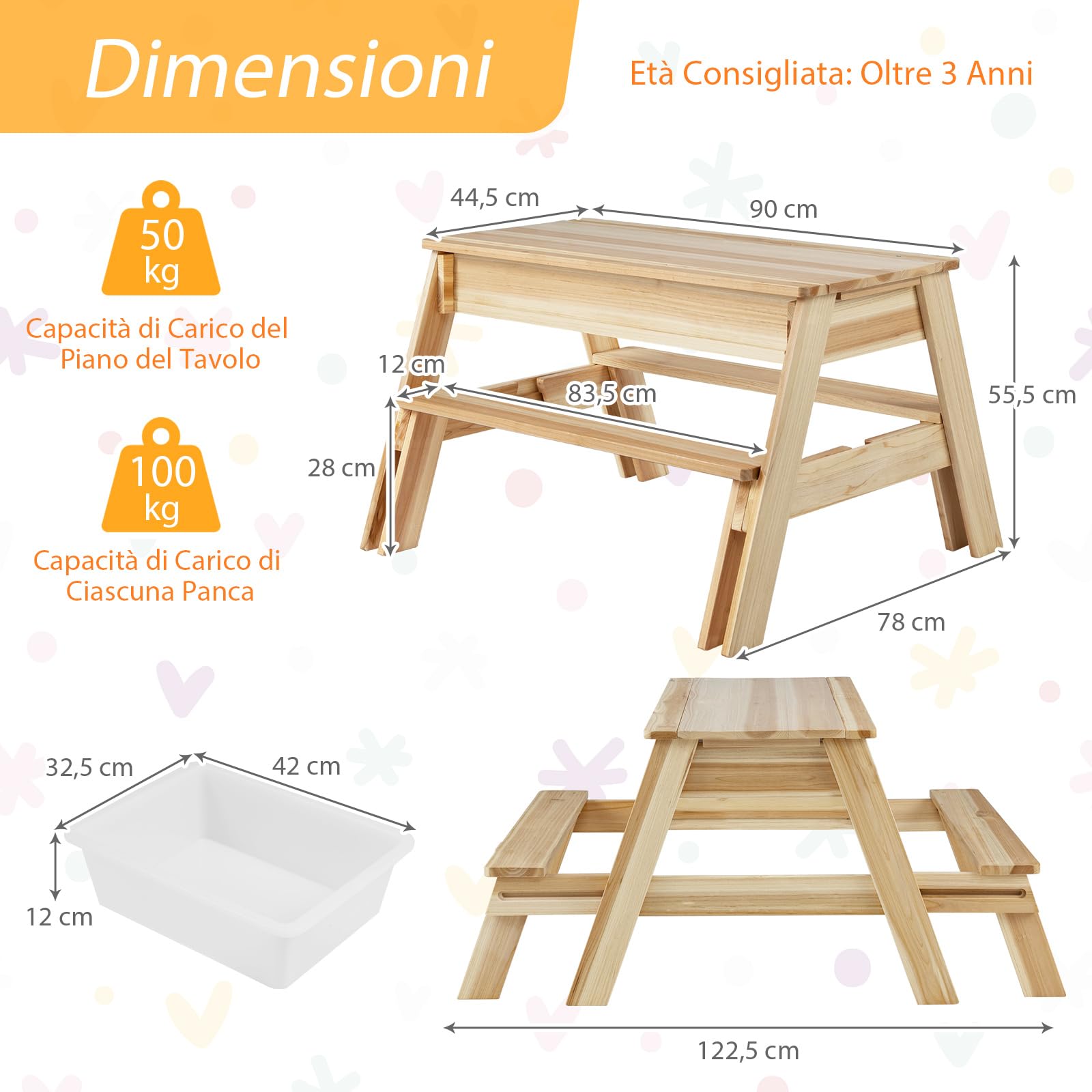 COSTWAY Tavolo da Picnic per Bambini 4 in 1 in Legno con Piano Rimovibile | Set Tavolo e Panca con 2 Scatole Contenitive, Tavolo Attività per Bambini, Mobili da Esterno per Giardino, Cortile e Patio