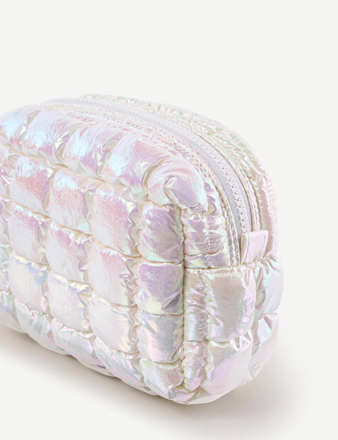 Yarnic Quilted Makeup Bag Cosmetic Bag, Travel Toiletry Bag for Women, Cute Makeup Bag Organizer Puffer Makeup Pouch (Iridescent White, S) - Image 6