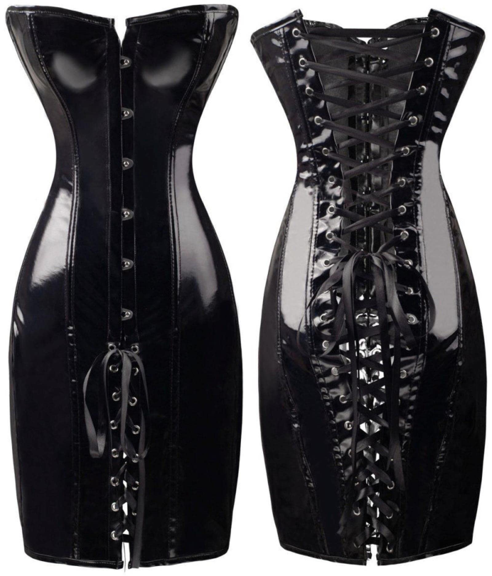 S-XXL Noir/Rouge Long Corset en Cuir Sexy Gothique Corset Robe en Cuir PVC Squelette Corset Top Dentelle Clubwear Corset-Noir,M