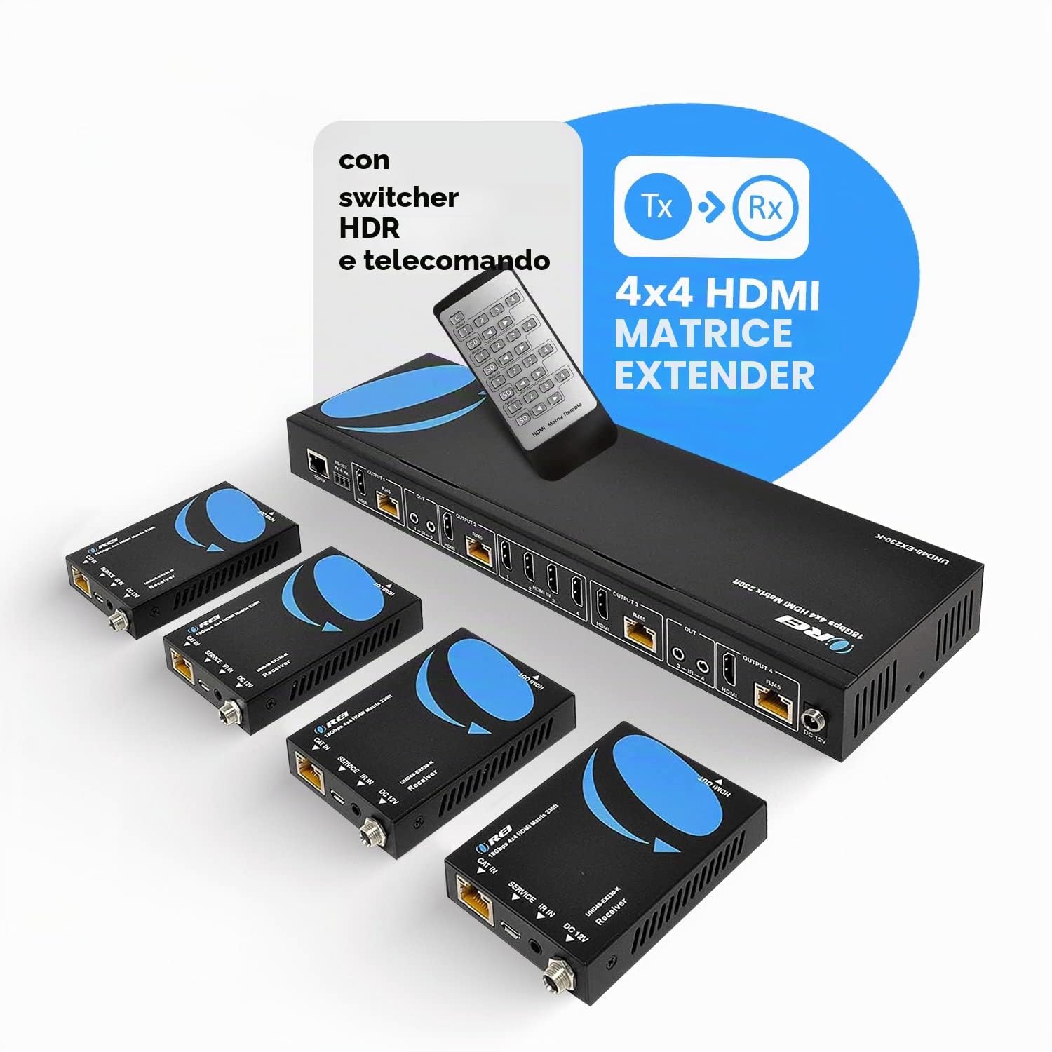 OREI 4K 4x4 HDMI Extender Matrix - UltraHD 4K @ 60Hz 4:4:4 su singolo cavo CAT5e/6/7 con commutatore HDR e controllo IR, RS-232 - fino a 230 Ft - 1080P Downscale - 4 x Loop Out - 4 ricevitori inclusi