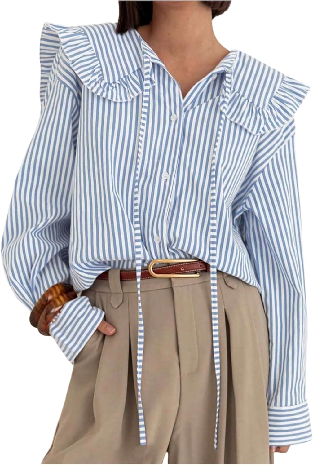 SweatyRocks Women's Striped Oversized Button Down Shirts Long Sleeve Lapel Doll Collar Blouses