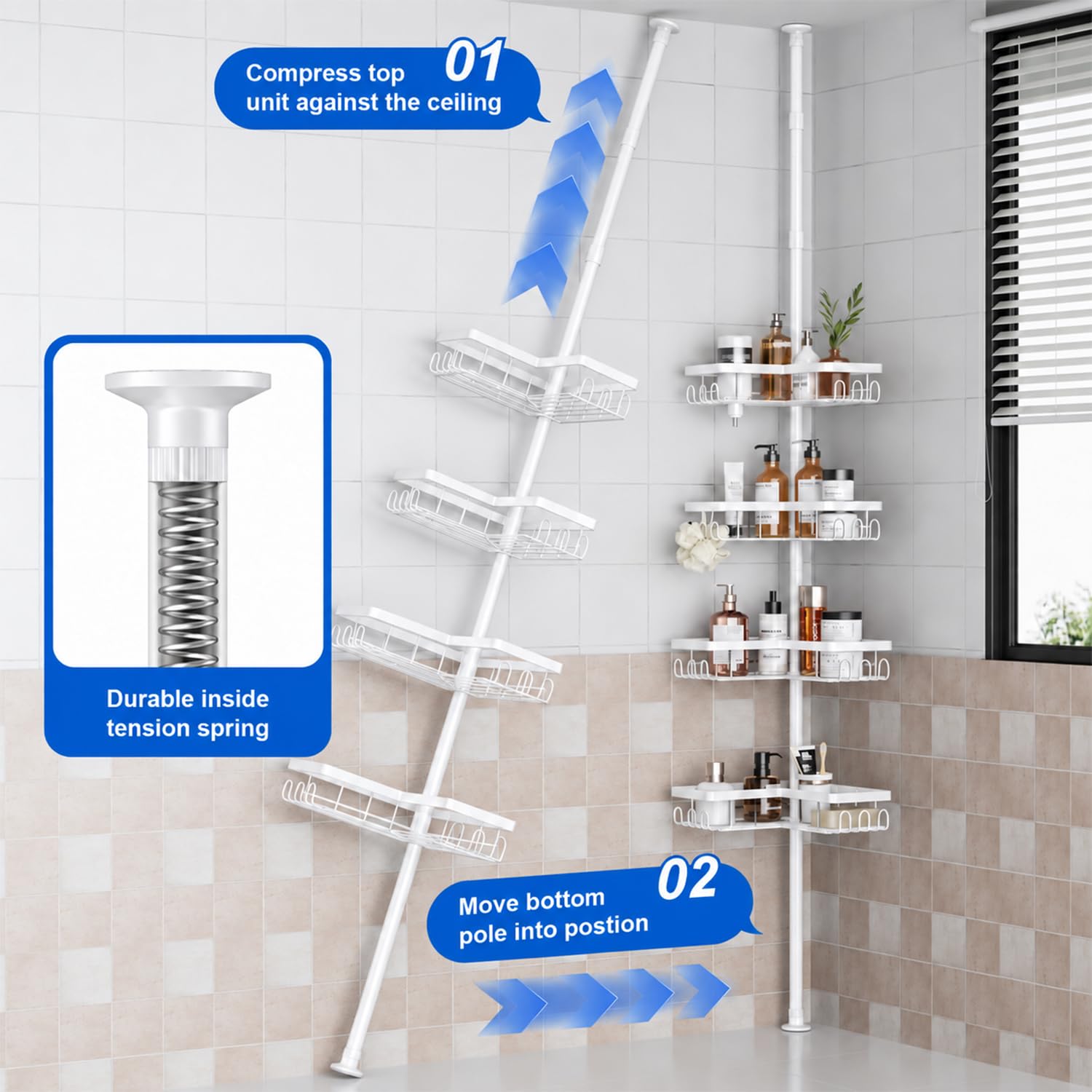 Mensola telescopica per doccia senza fori, organizer per bagno, scaffale telescopico a 4 livelli, mensola angolare per shampoo, per doccia, mensola da bagno, regolabile in altezza, 56-304 cm, bianco