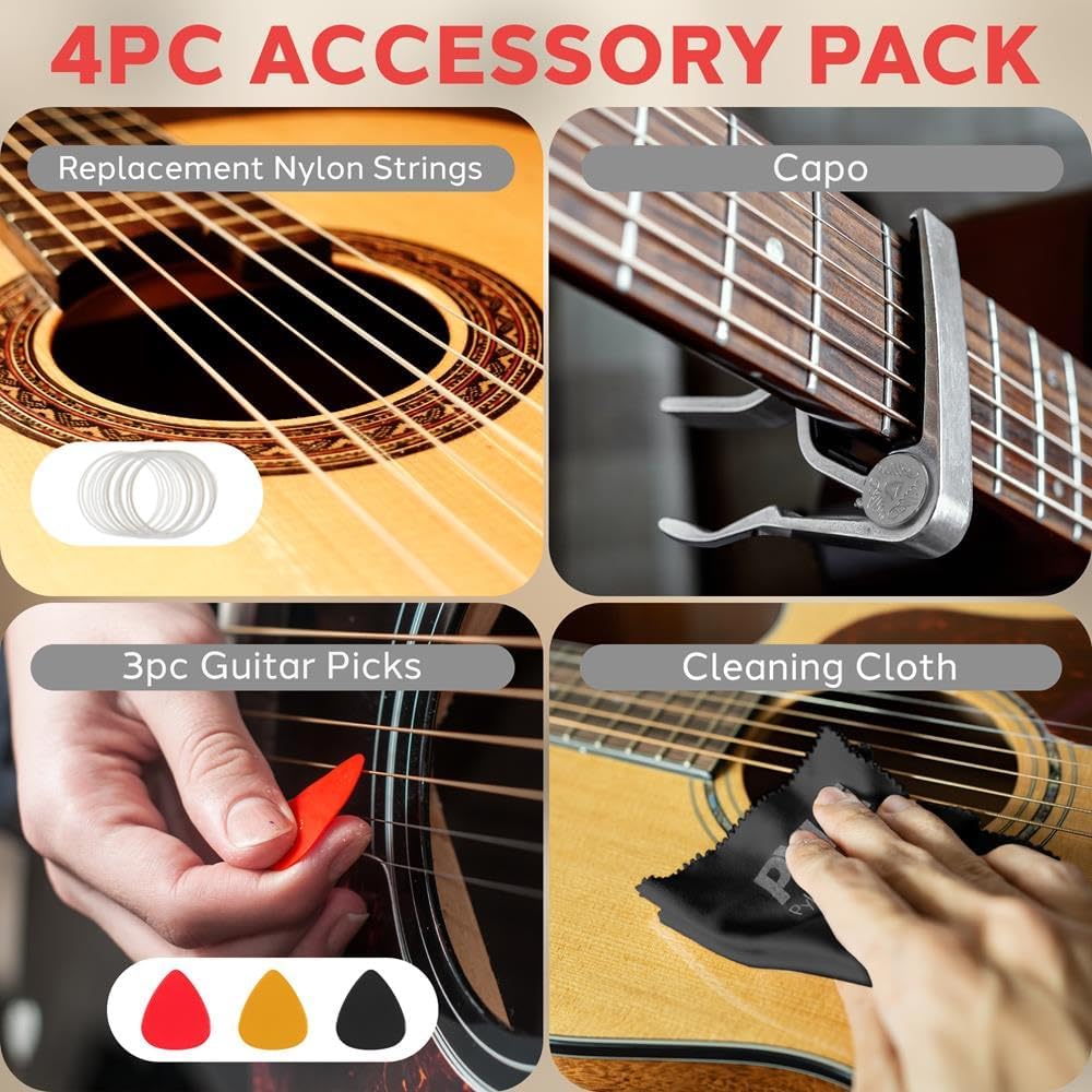 11 Piece Guitar Accessory Kit - Full Set of Replacement Includes 6 Aquila Nylon Strings, Guitar Capo, 3 Pieces ABS Felt Picks, and Cleaning Cloth - Pyle PRTPGACLS821010