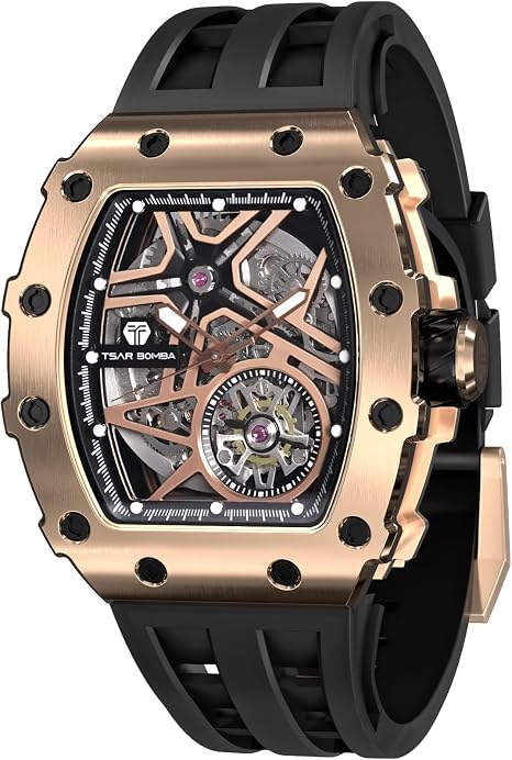 TSAR BOMBA Orologio Uomo Automatico Skeleton - Design Tonneau Originale, Quadrato, Vetro Zaffiro, Cinturino In Silicone - 4