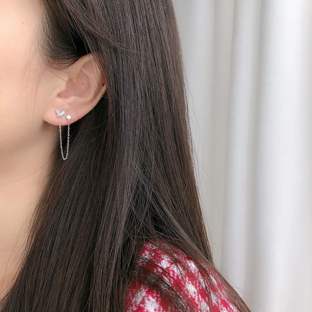 Double Holes Butterfly Halo CZ Small Stud Cuff Wrap Tassel Chain Crawler Climer Dangle Drop Earrings for Women Cartilage S925 Sterling Silver Piercing Animal Jewelry Gifts Daughter Sister