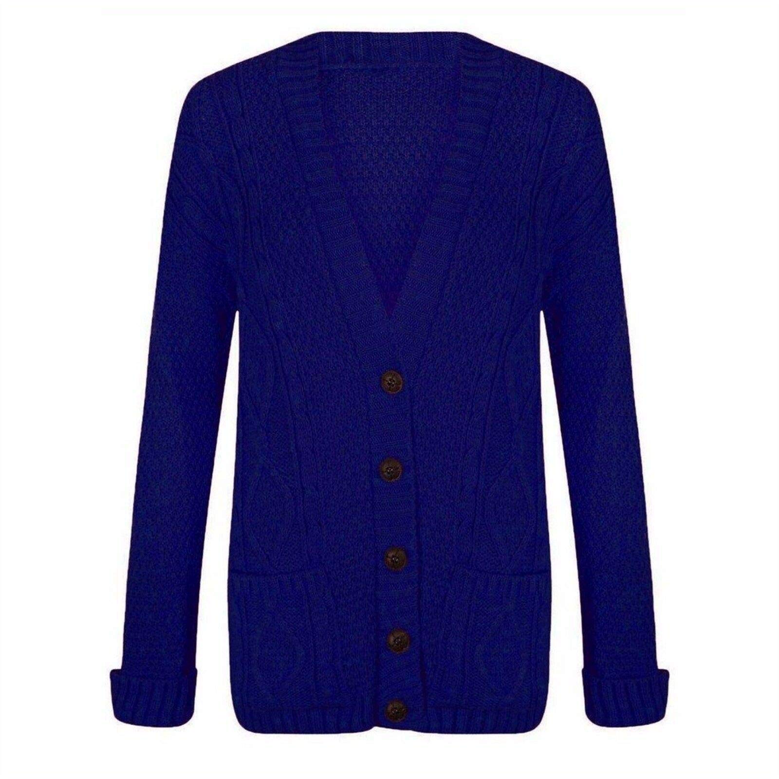 WearAll Womens Cable Knitted Button Cardigan Long Sleeve Ladies Boyfriend Top - Royal 20-22