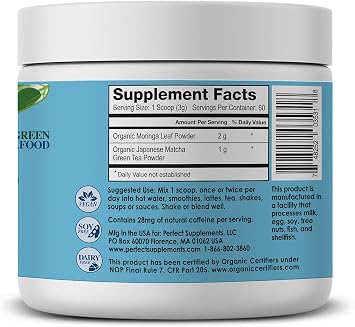 Perfect Supplements Perfect Matchinga Powder 180 Grams Organic Matcha & Organic Moringa Supplement Green Superfood Increases Energy