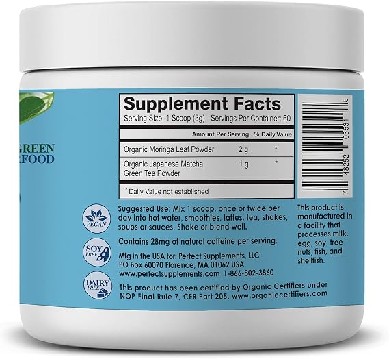 Perfect Supplements Perfect Matchinga Powder 180 Grams Organic Matcha & Organic Moringa Supplement Green Superfood Increases Energy