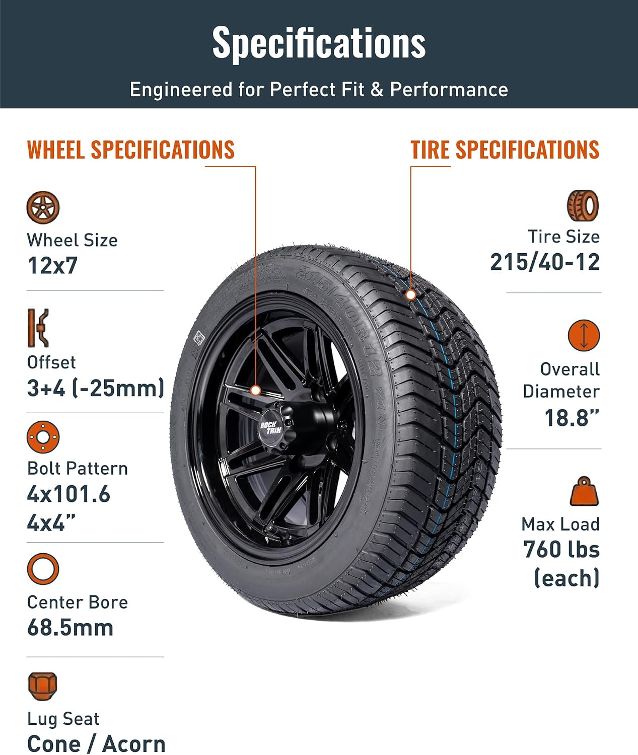 RockTrix 12 inch Golf Cart Wheel Tire Combo Kit, RT103 Gloss Black 12x7 Rim 215/40-12 Low Profile Tire, No Lift Kit Required, Fits Club Car Precedent EZGO TXT RXV Yamaha G1-G29, One Single