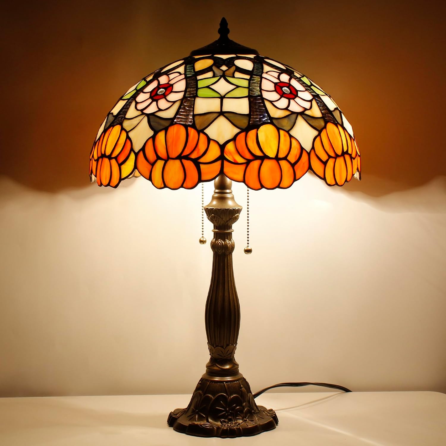 Tiffany Table Lamp Stained Glass Orange Flower Style Antique Desk Reading Light 16X16X24 Inches Decor for Bedroom Living Room Home Office