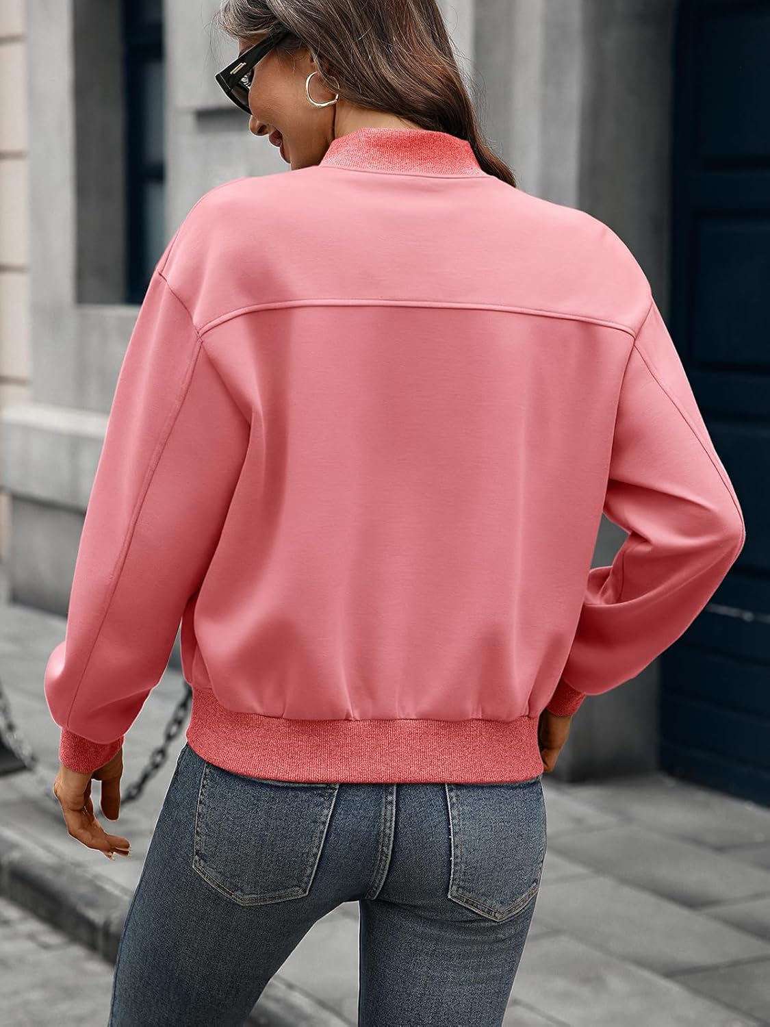 Women's Zip up Bomber Jacket Cropped Oversize Long Sleeve Drop Shoulder Casual Jackets with 4 Pockets - Image 6