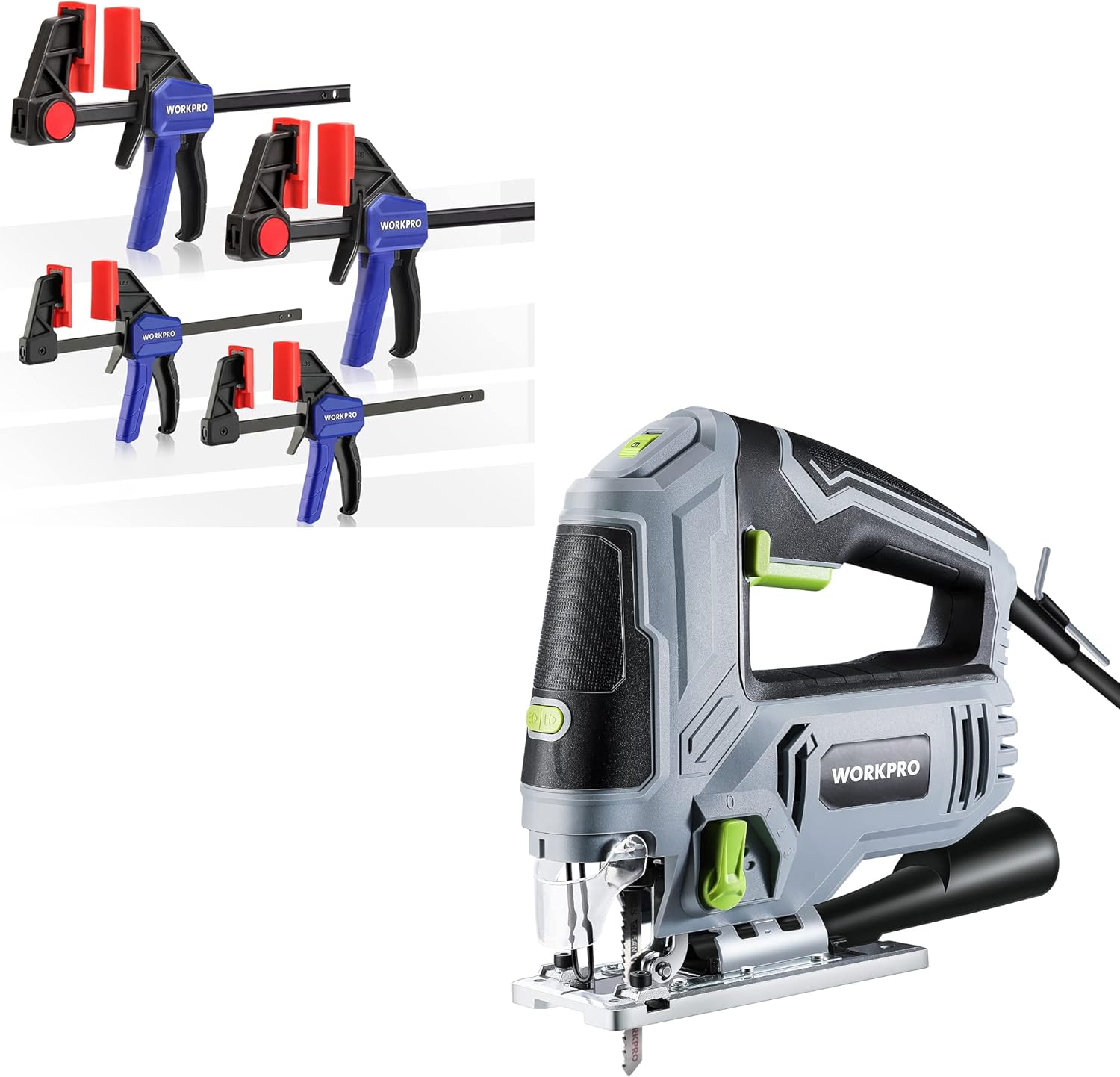 WORKPRO Mini Bar Clamps for Woodworking, 6"(2) and 4-1/2"(2), 4-Piece One-Handed Clamp/Spreader + WORKPRO Jigsaw, 6.5AMP 850W Corded Electric Jig Saw Tool Kit