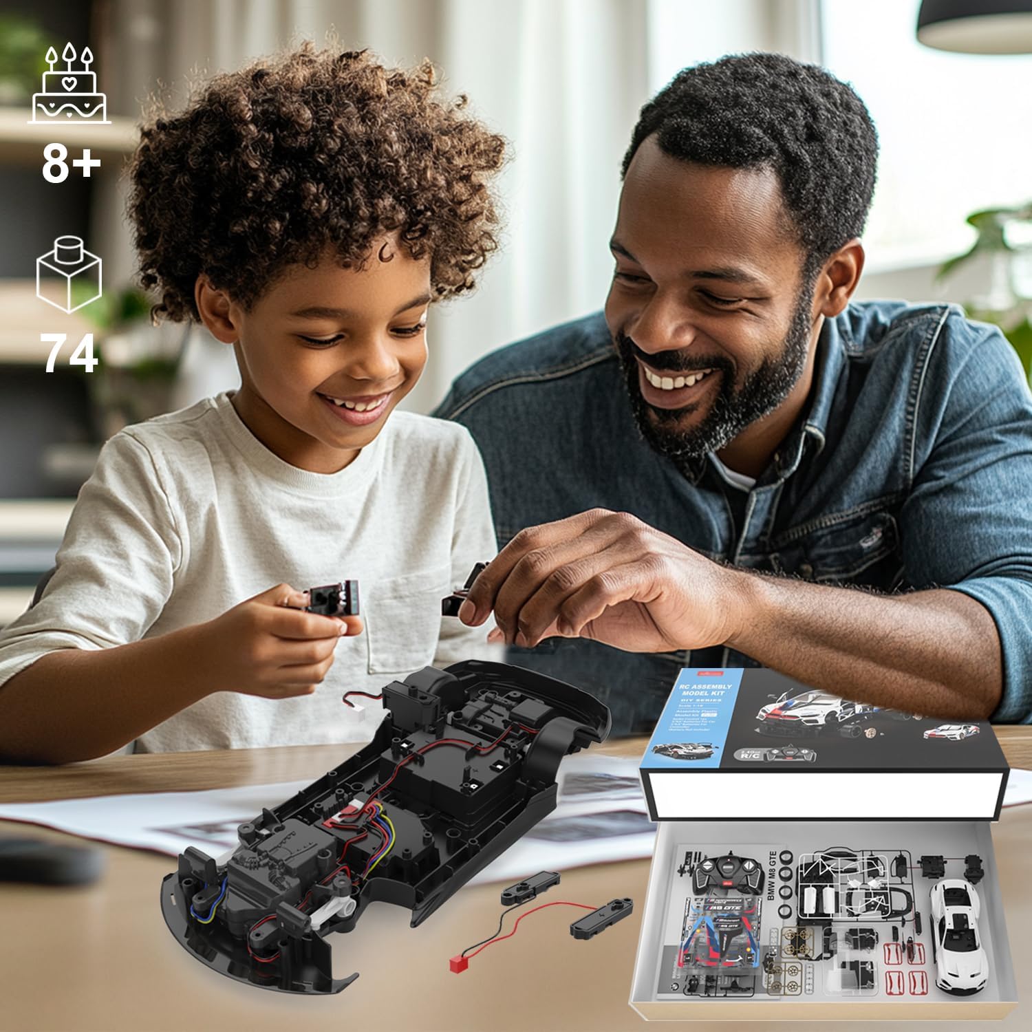 1/18 Scale RC Car Building Kit for BMW M8 GTE, Remote Control Car Building Block Set with 74 PCS, Openable Door, Headlight, Christmas Birthday Gift for Boys Kids Age 8-12, White