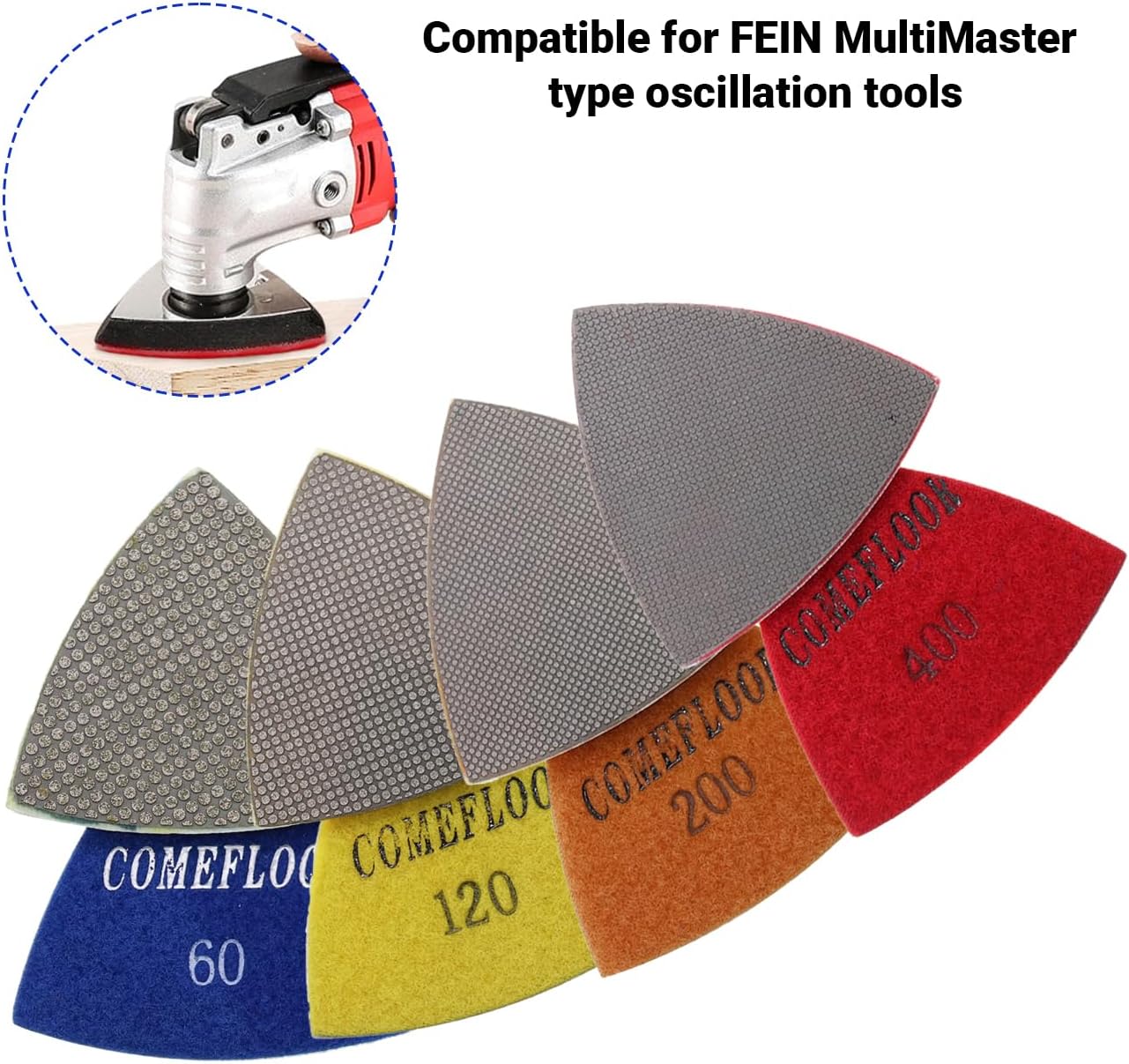 Triangular Diamond Polishing Pads for Corner Edge, Electroplated Sanding Pads for Oscillating Multi-Tools, 3’’(80mm), Grit 60-400, 4PCS