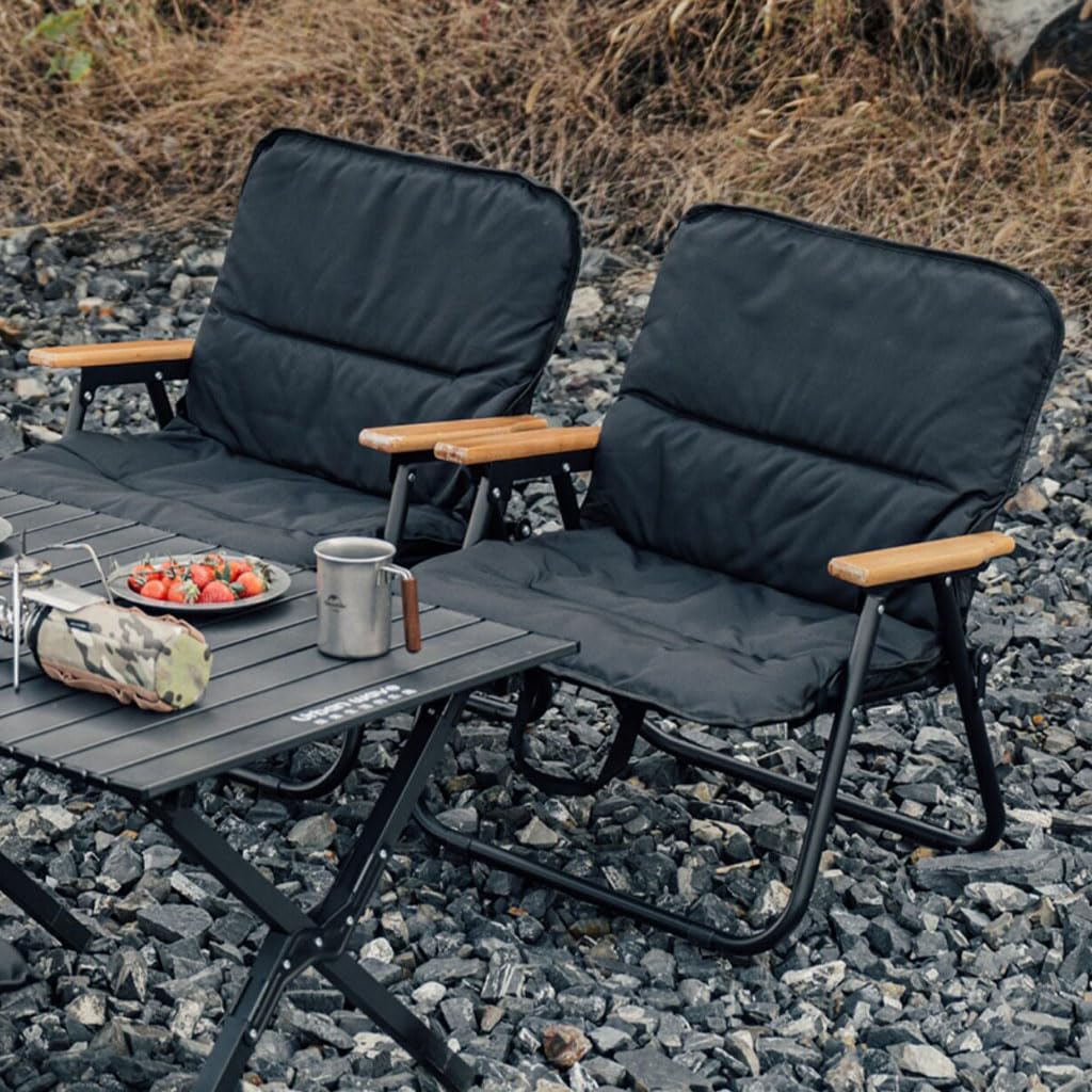 Großer Campingstuhl Klappstuhl mit Holzarmlehnen, Gepolsterter Gartenstühle Tragbarer Outdoor Anglerstuhl, Weicher Camping Stuhl für Picknick Reisen Hinterhof