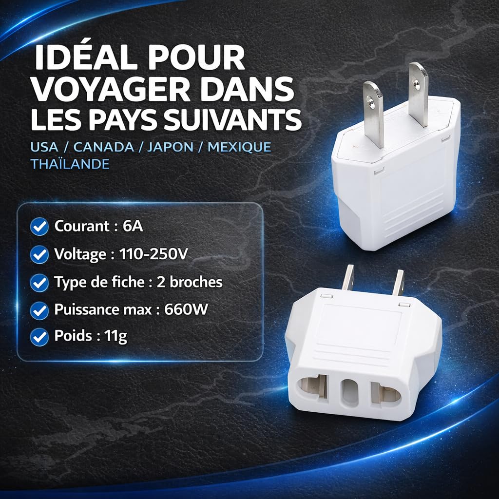 4 x Adaptateur Prise USA/Canada/Japon/Mexique/Thailande - Très Utile pour Voyager - Adaptateur Facile A Transporter - Design Compact et Léger (Blanc)