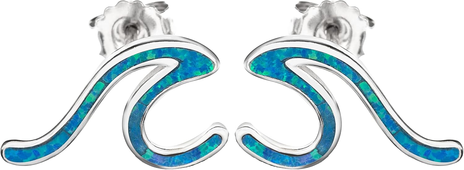 925 Sterling Silver Opal Ocean Wave Stud Earrings, Nickel Free Hypoallergenic for Sensitive Skin, Ocean Jewelry for Women, Gift Box Included