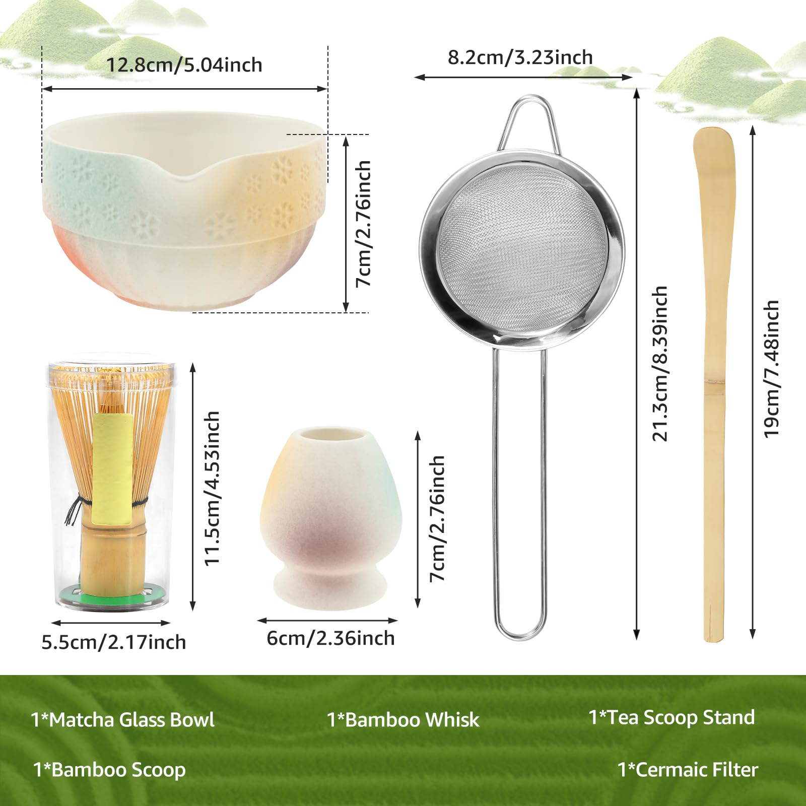 Set da 5 pezzi Matcha Unique Matcha Kit con Scoop Sifter Bowl Whisk e supporto pratico Tea Making Tool per donne e uomini uso domestico