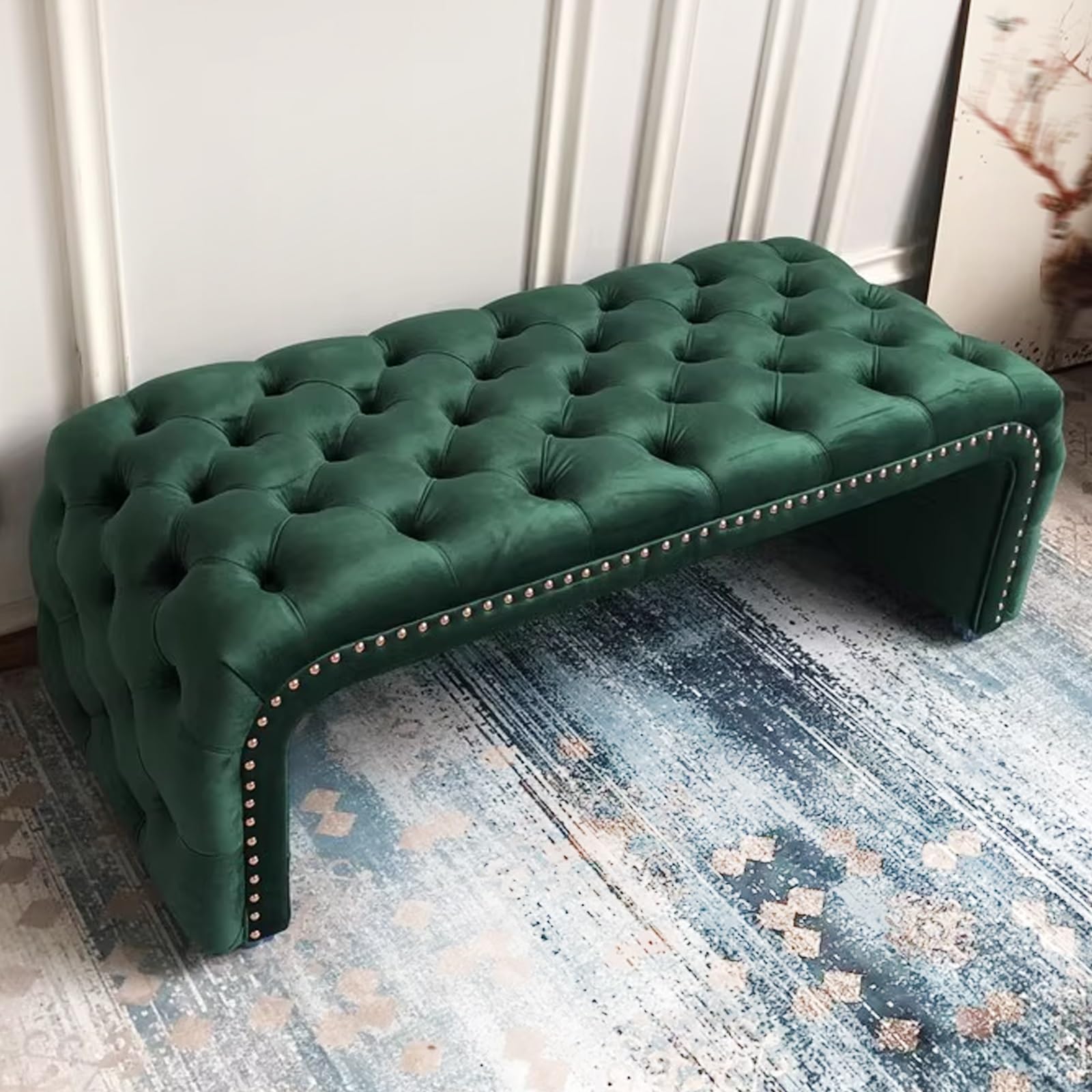 MSHGSKU Modern Fabric Shoe Bench with Upholstered Tufted Footrest Stylish Entryway Storage Ottoman for Living Room & Dining Room Green 47.24in 120cm