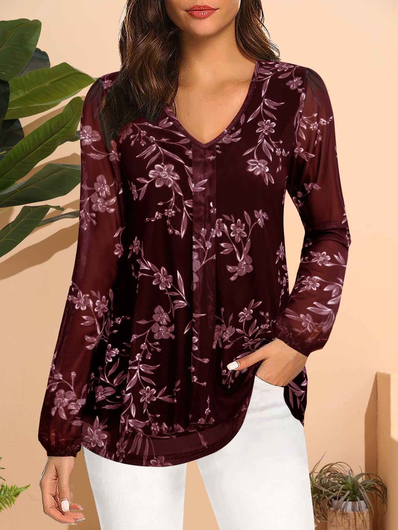 Women's Long Sleeve Tunic Tops Casual Loose Fit Floral Blouses Mesh Pleated Layered Shirt S-XXL