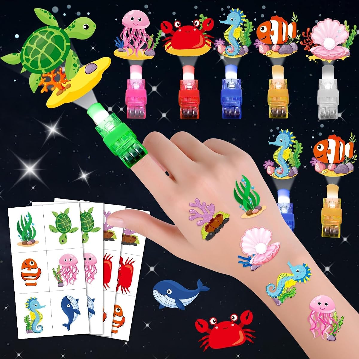 72 PCS Under the Sea Party Favors 24pc Ocean LED Finger Lights & 48pc Sea Animals Temporary Tattoos Combo Finger Flashlights Bulk for Goodie Treat Bags Stuffers Ocean Birthday Party Supplies