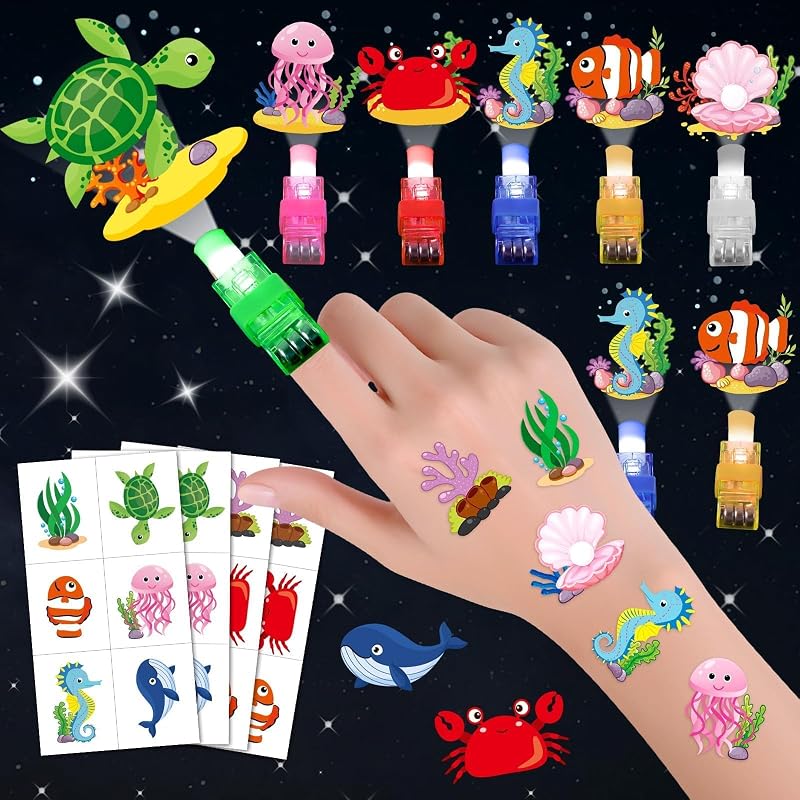 72 PCS Under the Sea Party Favors 24pc Ocean LED Finger Lights & 48pc Sea Animals Temporary Tattoos Combo Finger Flashlights Bulk for Goodie Treat Bags Stuffers Ocean Birthday Party Supplies