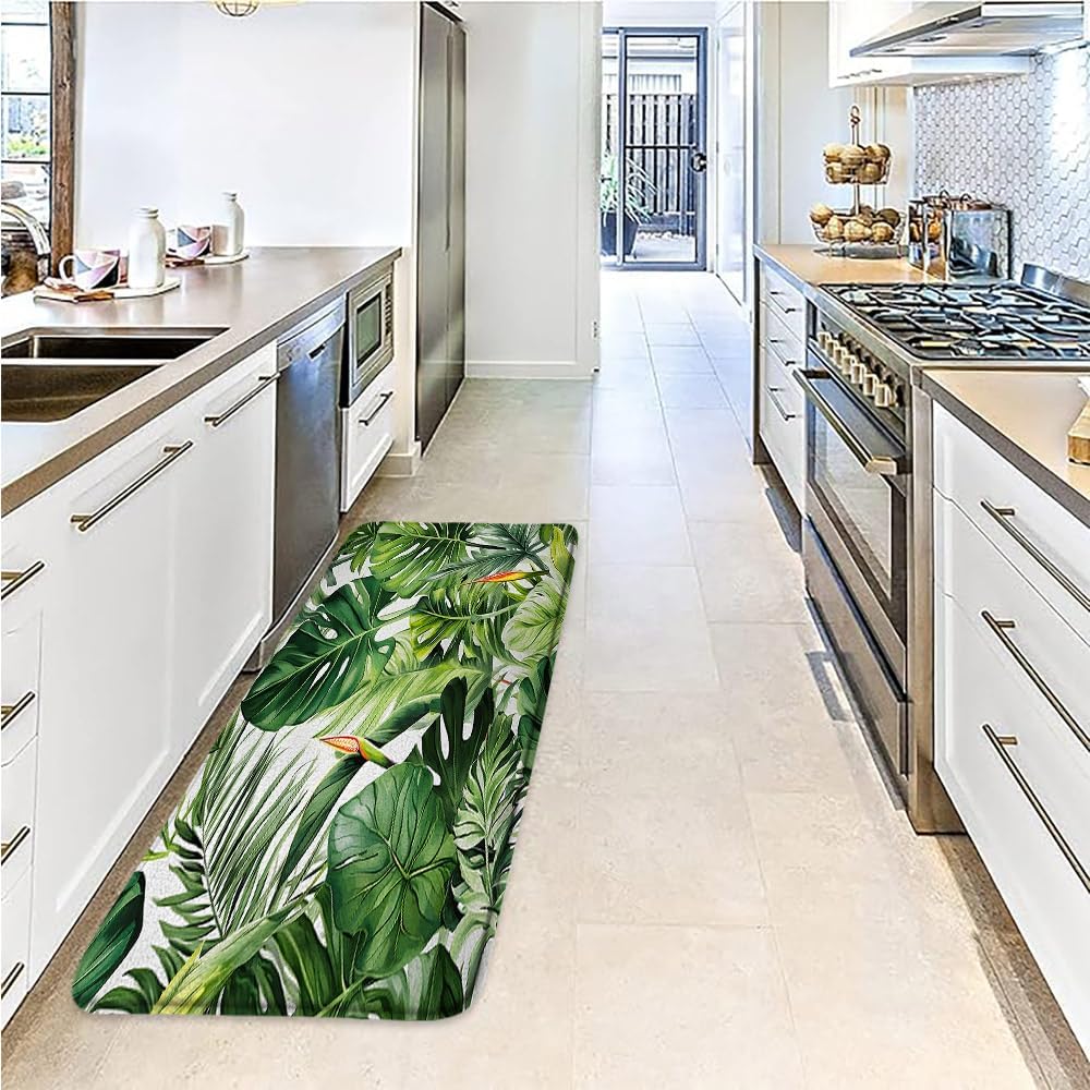 Tropical Green Leaves Bath Mat Bathroom Rug, Palm Leaf Monstera Banana Jungle Watercolor Plant Memory Foam Kitchen Bedroom Livingroom Soft Floor Rug, 24"x59"