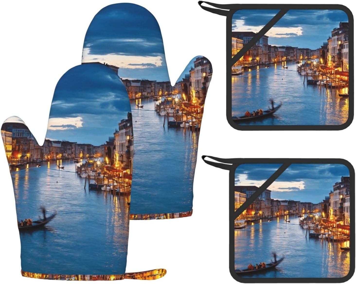 Venice Night Oven Mitts and Pot Holders Set of 4 Heat Resistant Kitchen Gloves with Silicone Palm Hot Pads for Baking Cooking Grilling BBQ