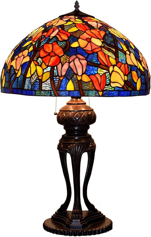 errzom Tiffany Lamp Table Lamp Rose Dragonfly Tulip Wisteria Grape Peach Kapok Peony Apple Flower Design Stained Glass Lampshade Desk Lamp for Girl Living Room Iron Base W20 XH32,Kapok