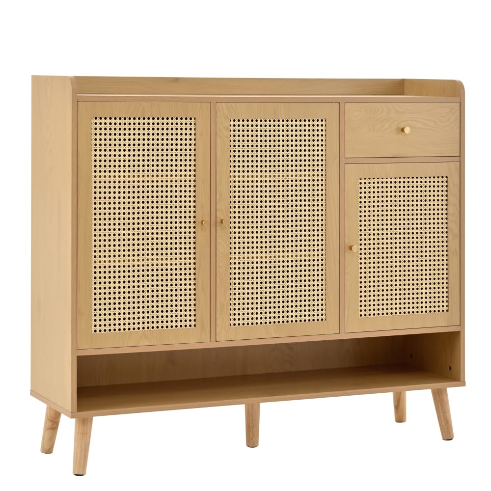I0I&I0I Rattan Schuhschrank mit 2 Türen, Schuhkommode mit 5 Böden, Holzgriffe und Massivholzbeine für Flur und Eingangsbereich (Natural + Particle Board)