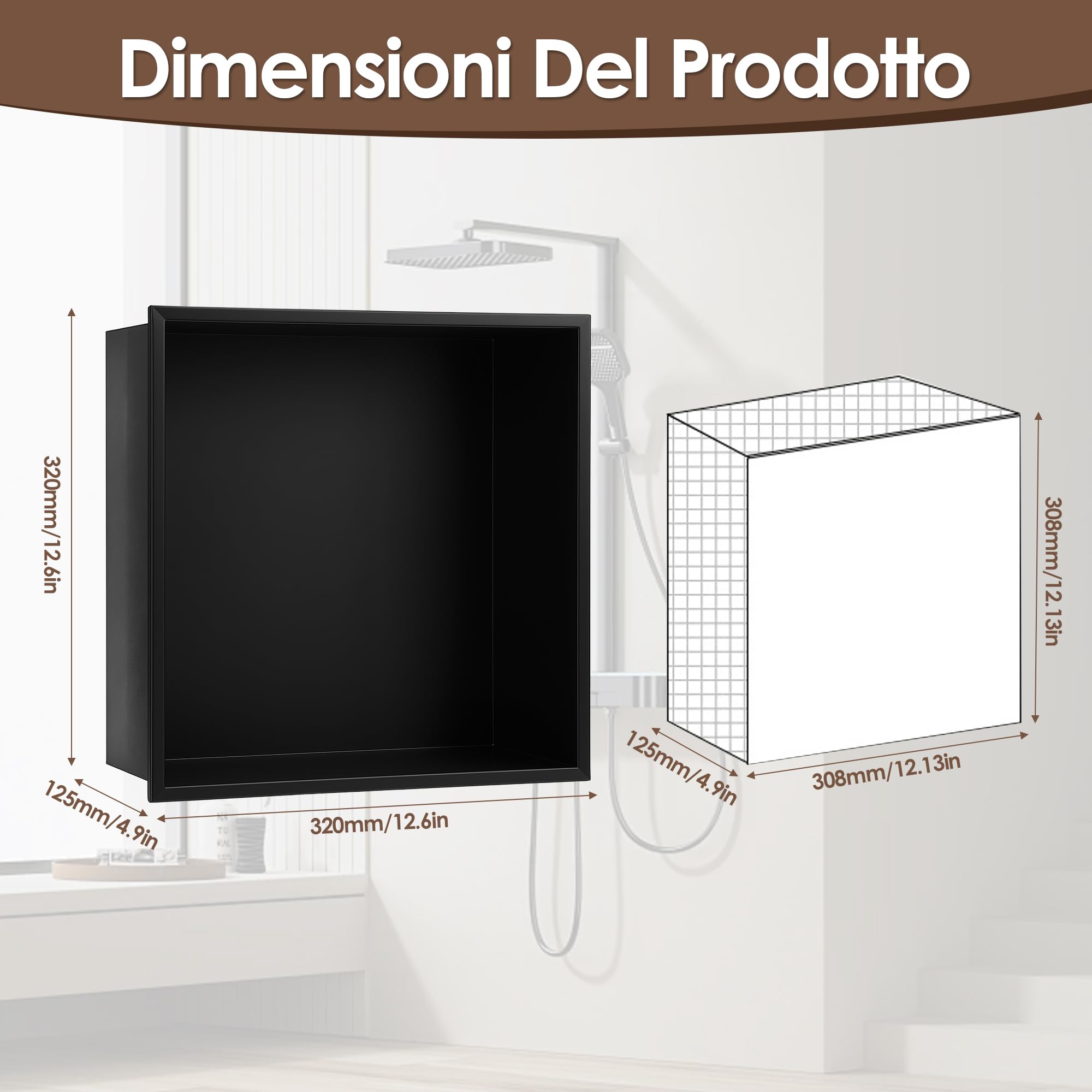 Nicchia da Parete, Mobile Doccia da Incasso Mensola da Bagno da Incasso a Parete in Acciaio Inossidabile 304 per Riporre il Bagno di Casa, 32 x 32 x 12.5cm