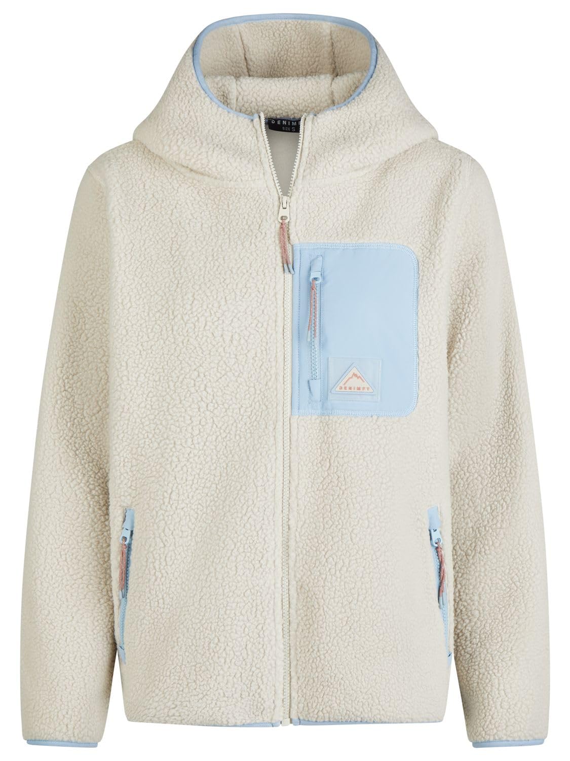 DENIMFY Fleecejacke Damen Regular Fit DFLea Teddyfleece Kapuzenjacke | Winterjacke Übergangsjacke Stehkragen Navy Blau Beige Grün S M L XL XXL 3XL