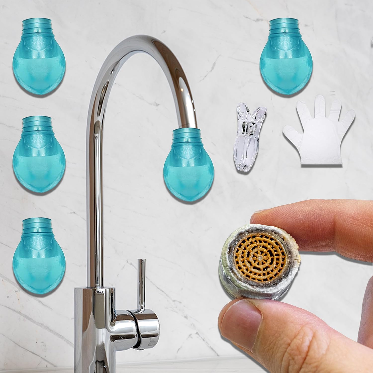 Faucet Descaling Gadget for Limescale Removal - 4pcs Reusable Faucet Cleaner Cap Rubber Cover Gadget Tap/Faucet Cleaner with a Clip and 5 Pairs of Disposable Gloves, Round Design (0.79-1.97IN)