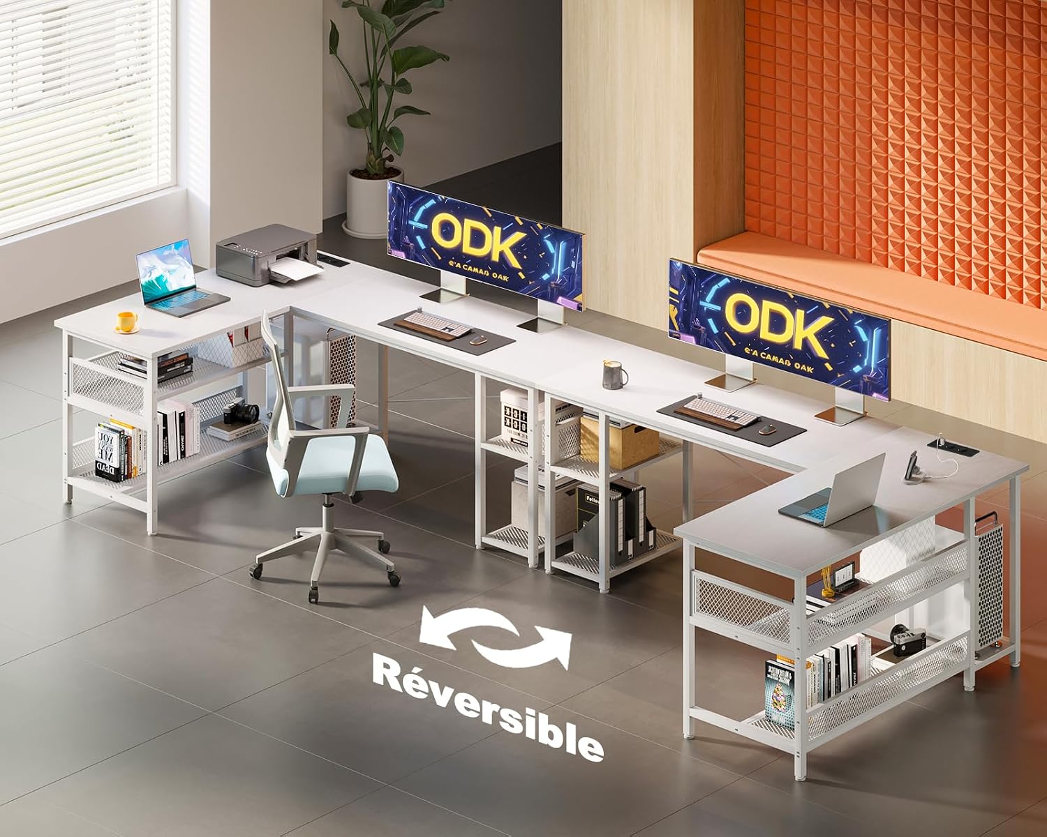 Diagram illustrating the reversible configuration options for the ODK L-shaped desk.