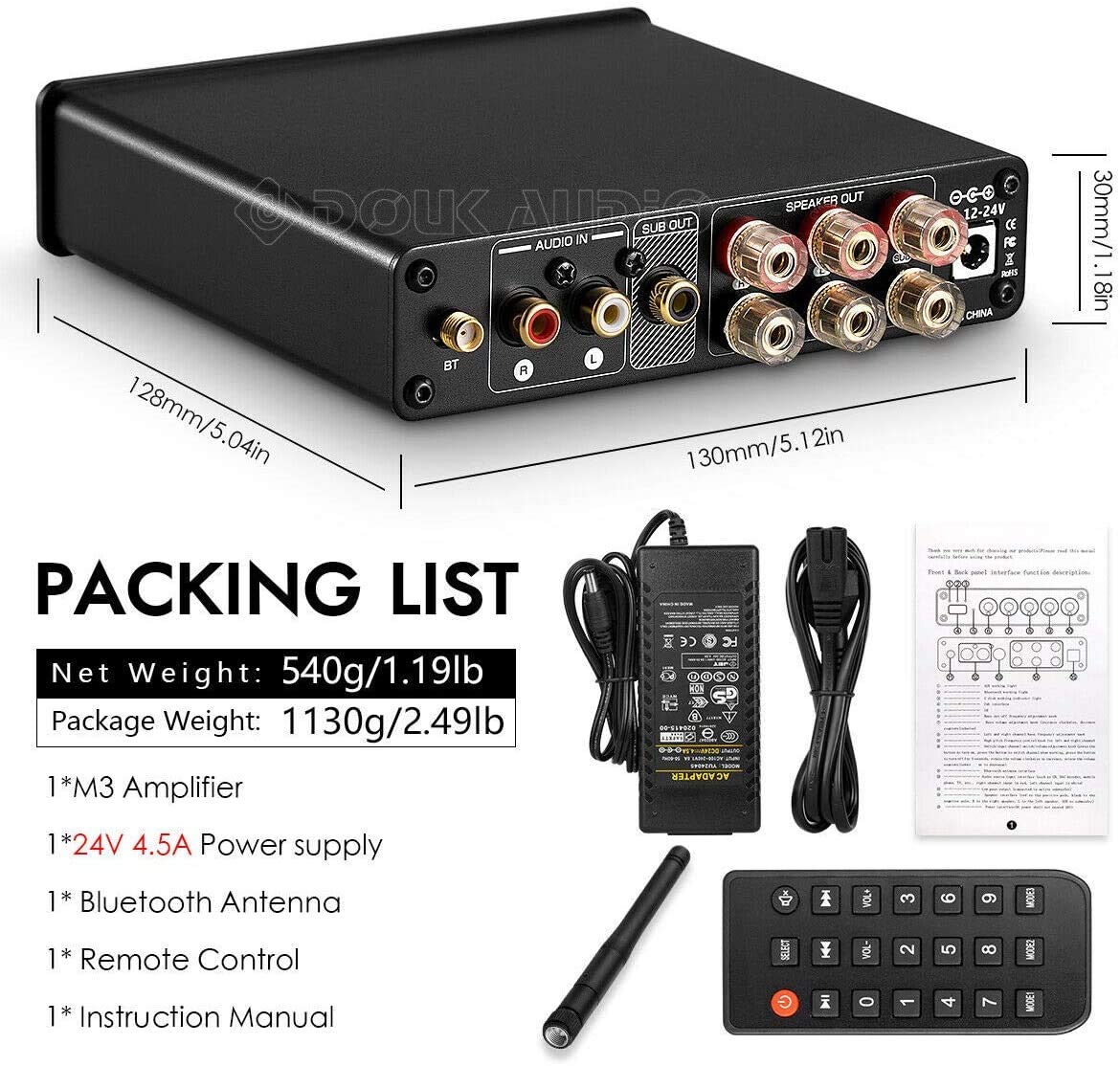 Douk Audio M3 Bluetooth 5.0 wzmacniacz stereo audio odbiornik 2.1-kanałowy mini wzmacniacz Hi-Fi Class D o mocy 50 W x 2 + 100 W do domu, na zewnątrz, pasywny głośnik/subwoofer i aktywny subwoofer