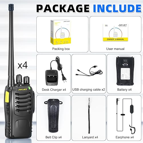 Miniatura 8 de Walkie Talkies (paquete de 4), incluye auriculares originales, cable tipo C, base de carga USB, cuenta con emparejamiento de un solo clic, reducción