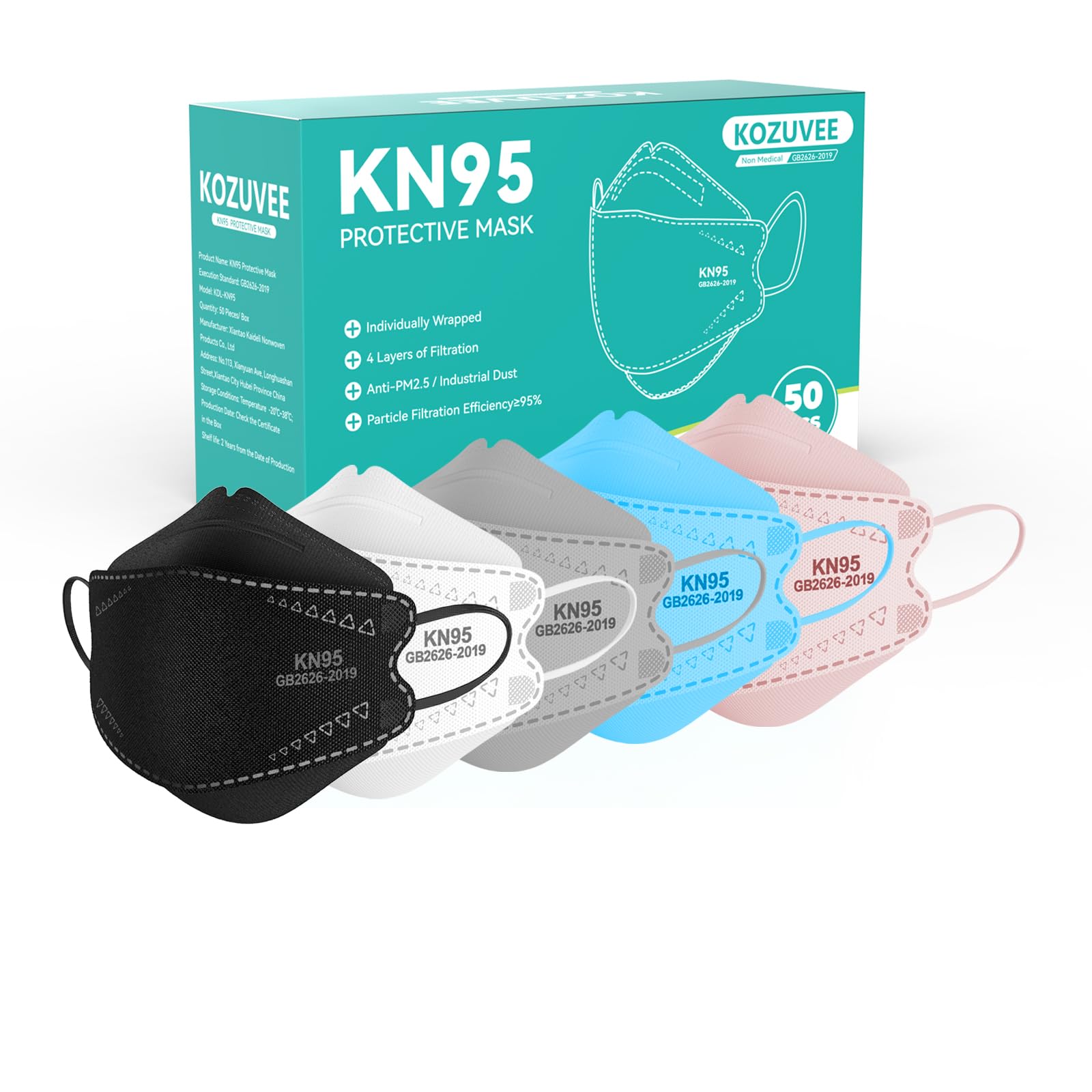 KN95 Face Masks Black for Adults, Individually Wrapped, Breathable Disposable KN95 Mask with Elastic Ear Loop